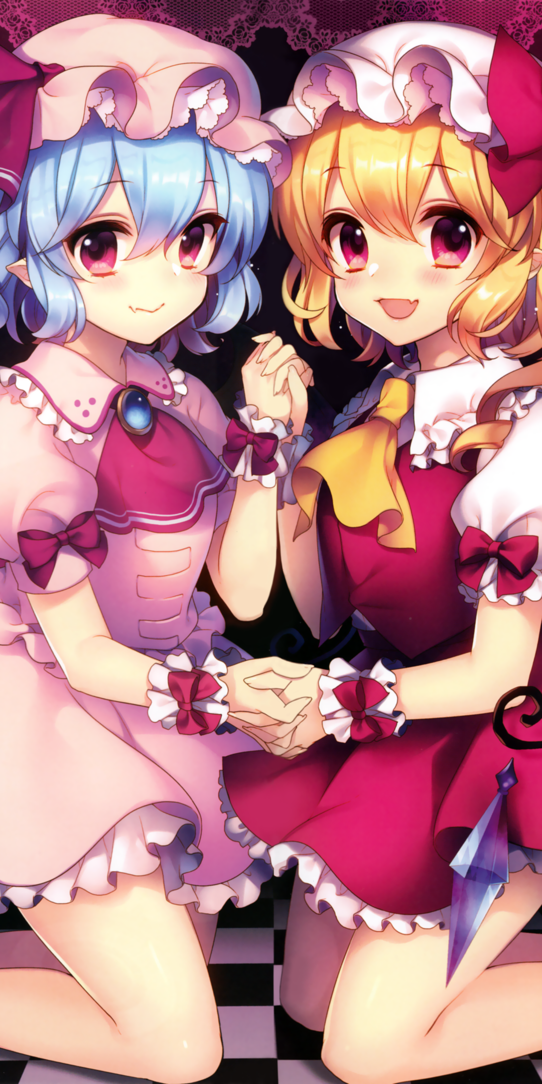 Anime Touhou, Flandre Scarlet, Red Eyes, Blue Hair, Blonde, Remilia Scarlet, 1080x2160, Phone HD Wallpaper