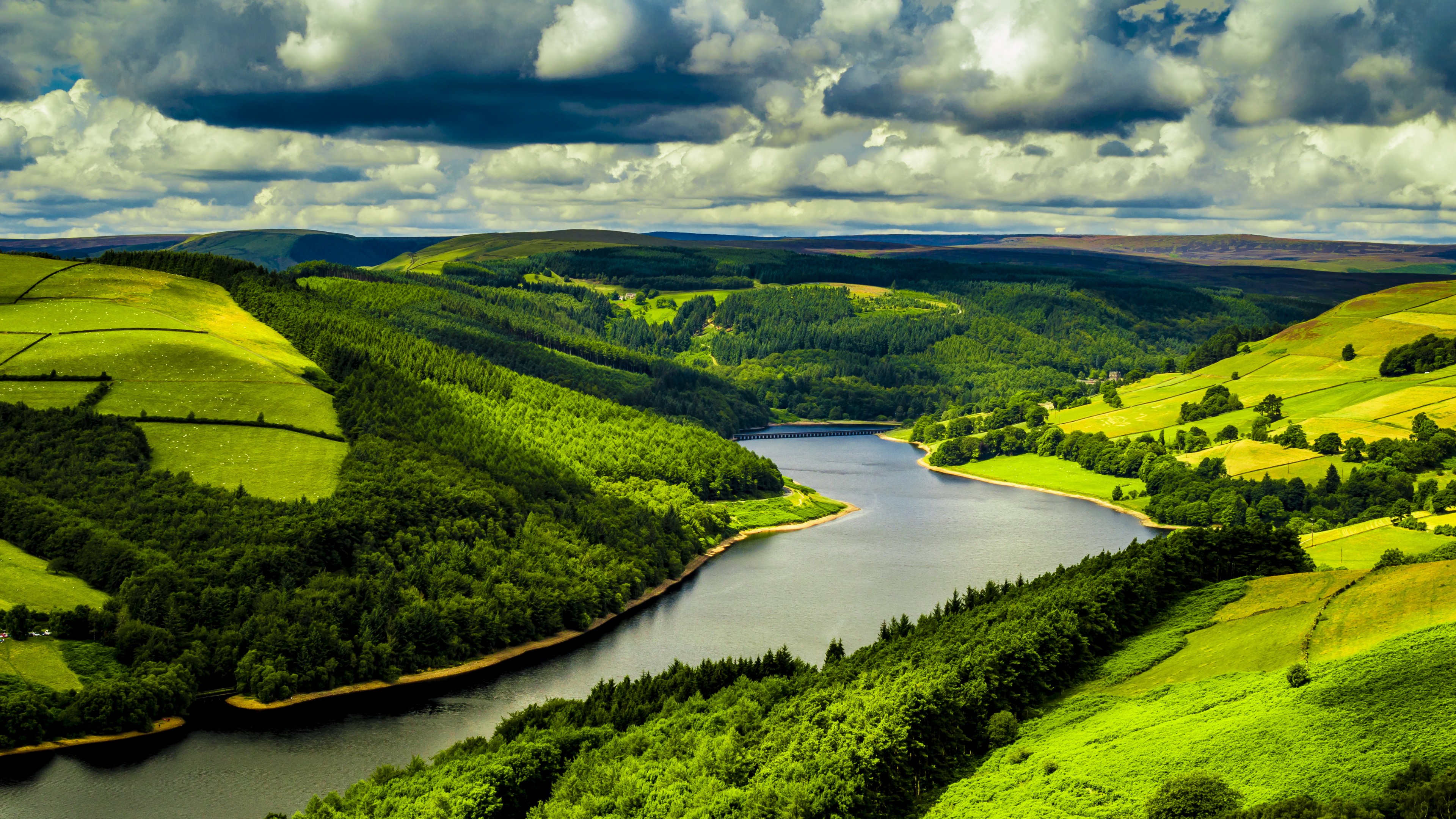 UK, 4k, hills, river, trees, sky, HD Wallpaper