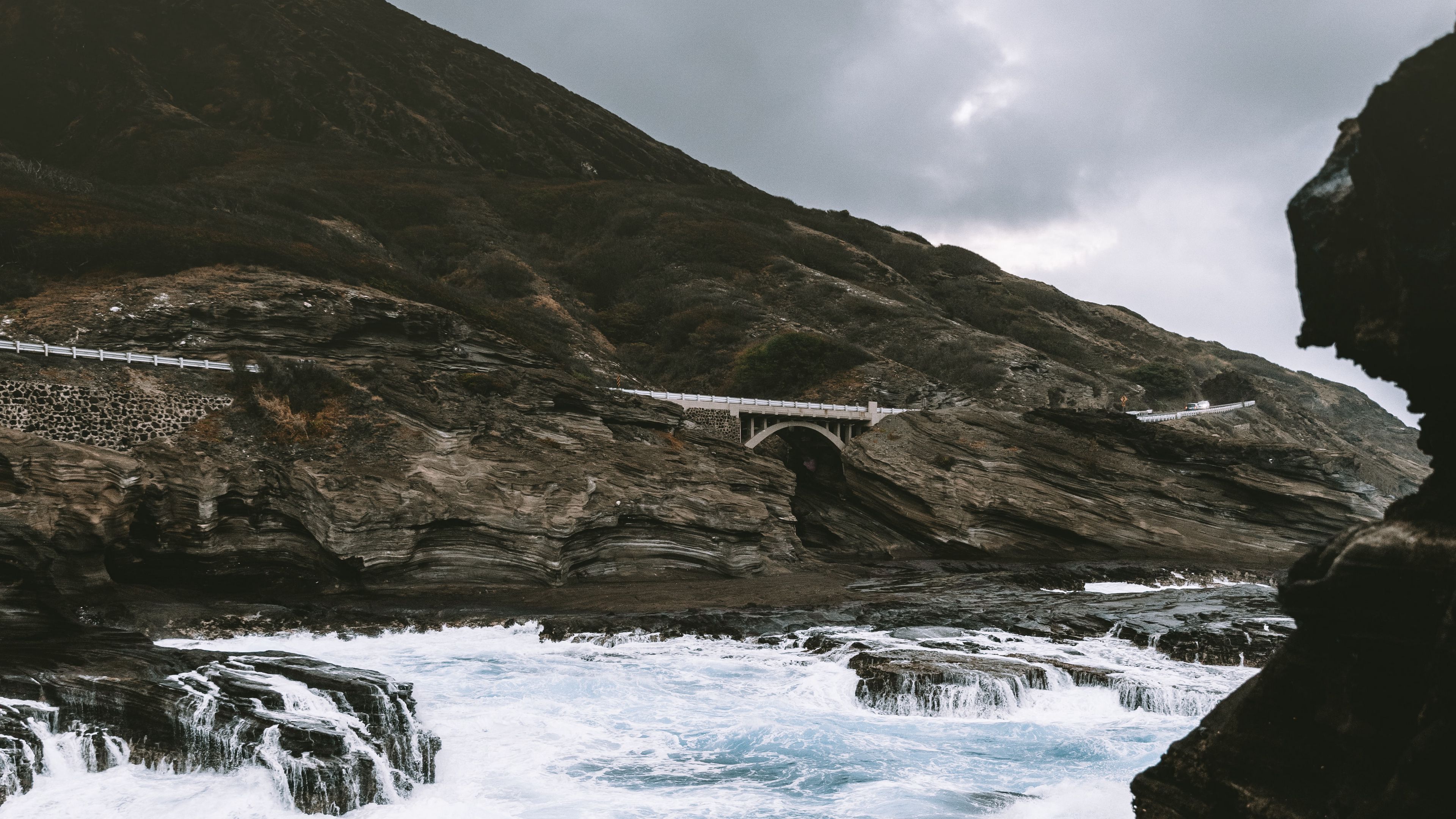 coast, rocks, bridge, waves, sea, 4k, HD Wallpaper