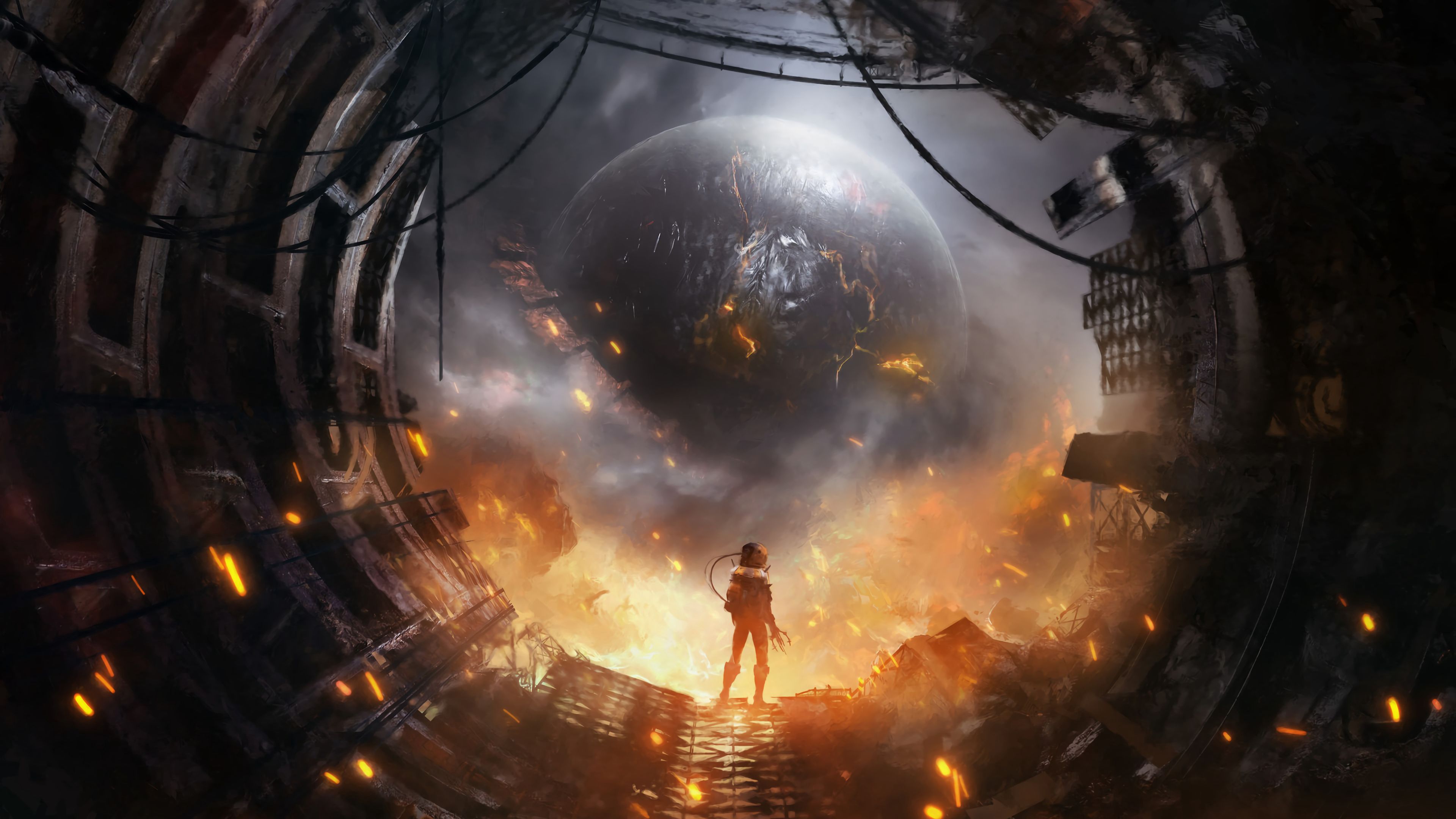 silhouette, planet, sparks, art, fiction, 4k, HD Wallpaper