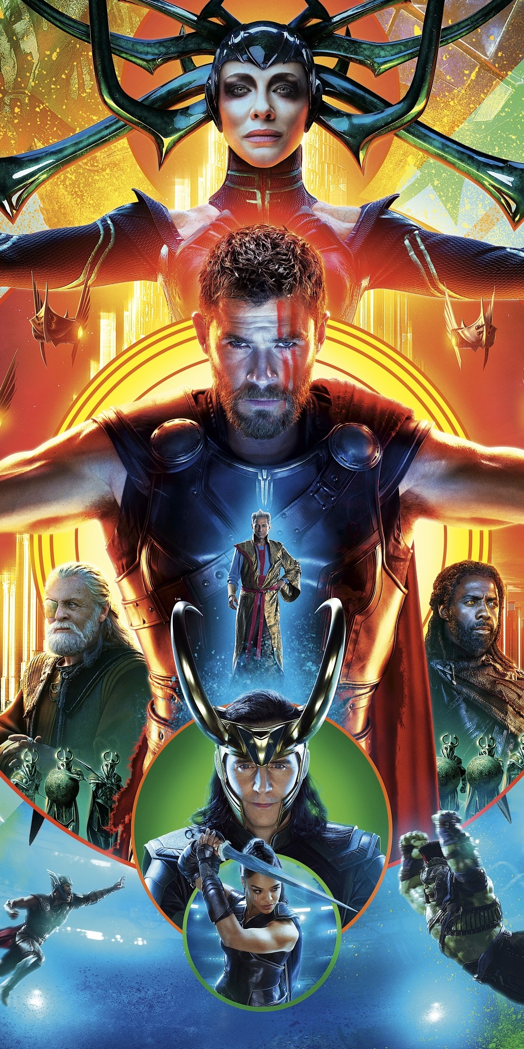 Movie Thor: Ragnarok, Anthony Hopkins, Heimdall (Marvel Comics), Chris Hemsworth, Cate Blanchett, Grandmaster (Marvel Comics), 1080x2160, Phone HD Wallpaper