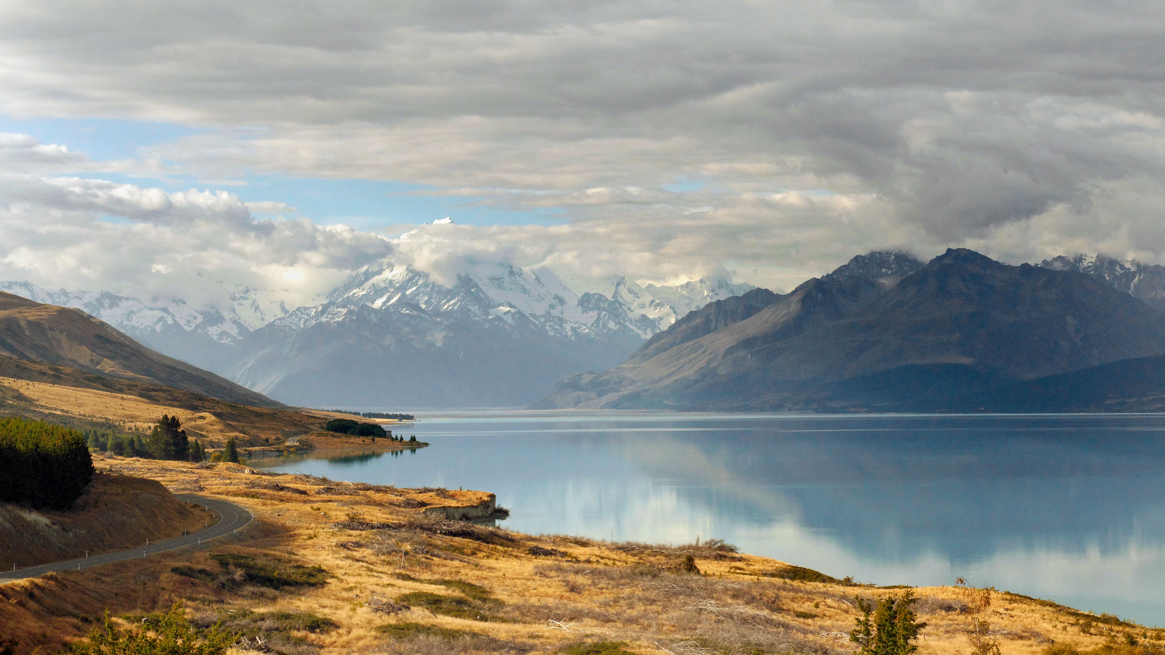 road, sky, lake, hill, 4k, HD Wallpaper