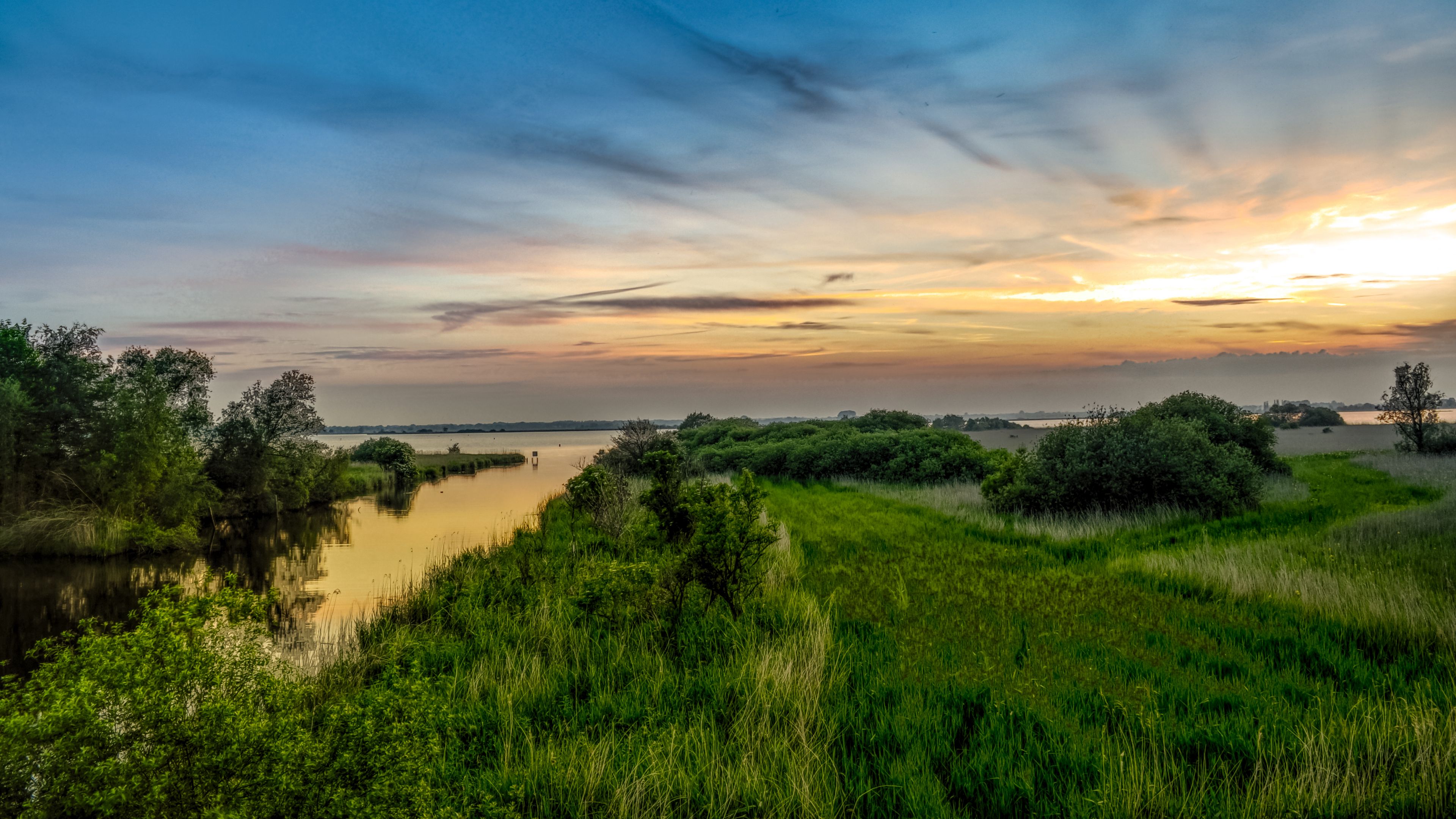 river, horizon, bushes, grass, 4k, HD Wallpaper