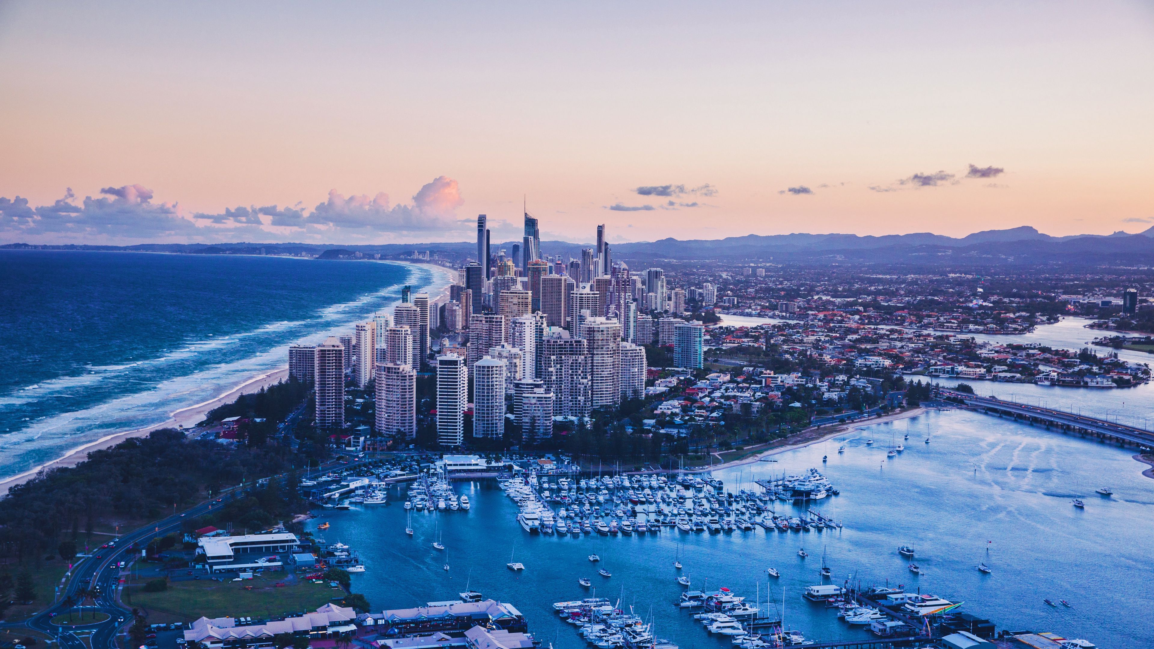 city, aerial view, architecture, ocean, coast, 4k, HD Wallpaper