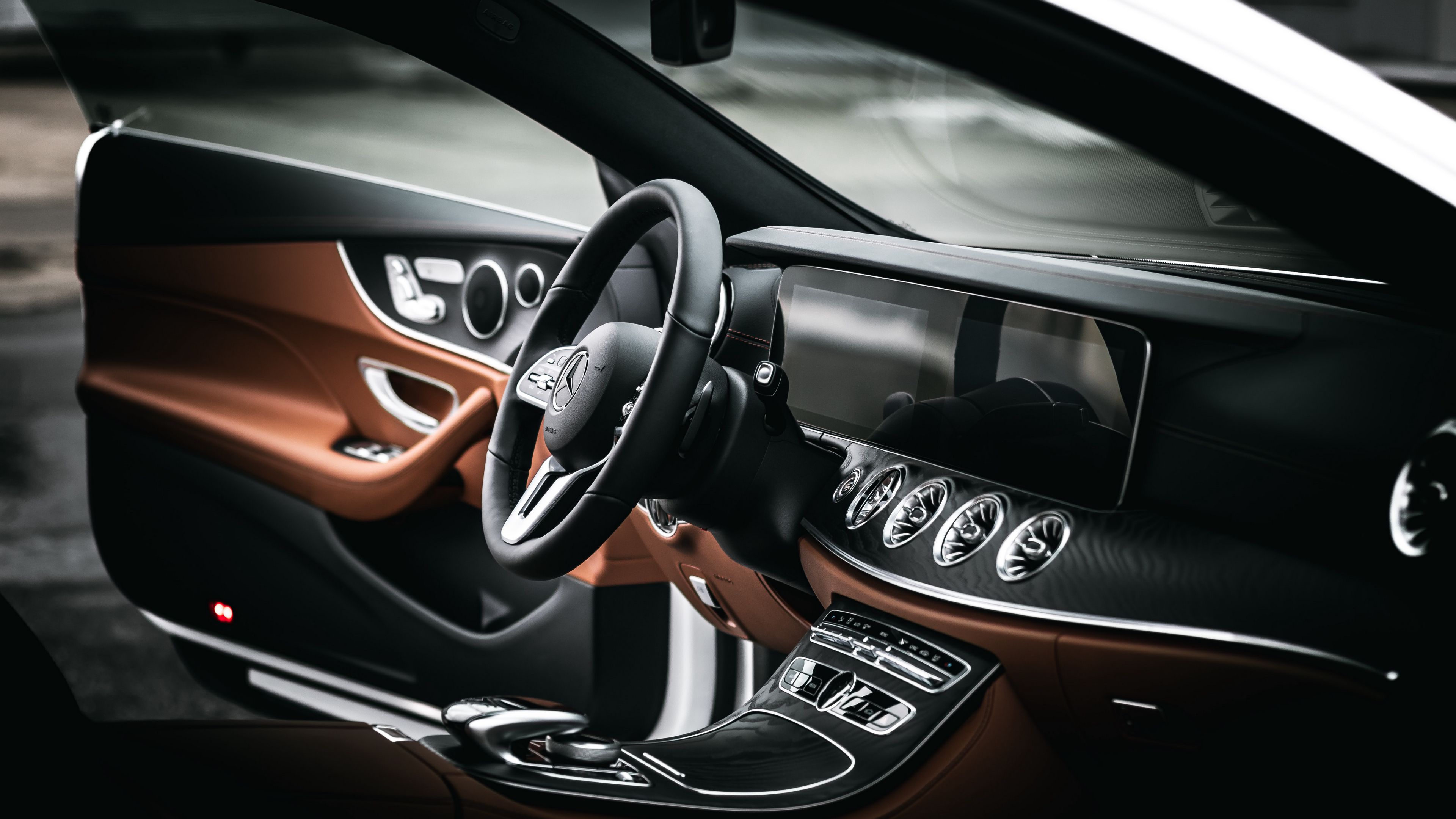 mercedes e200, mercedes, steering wheel, salon, car, 4k, HD Wallpaper