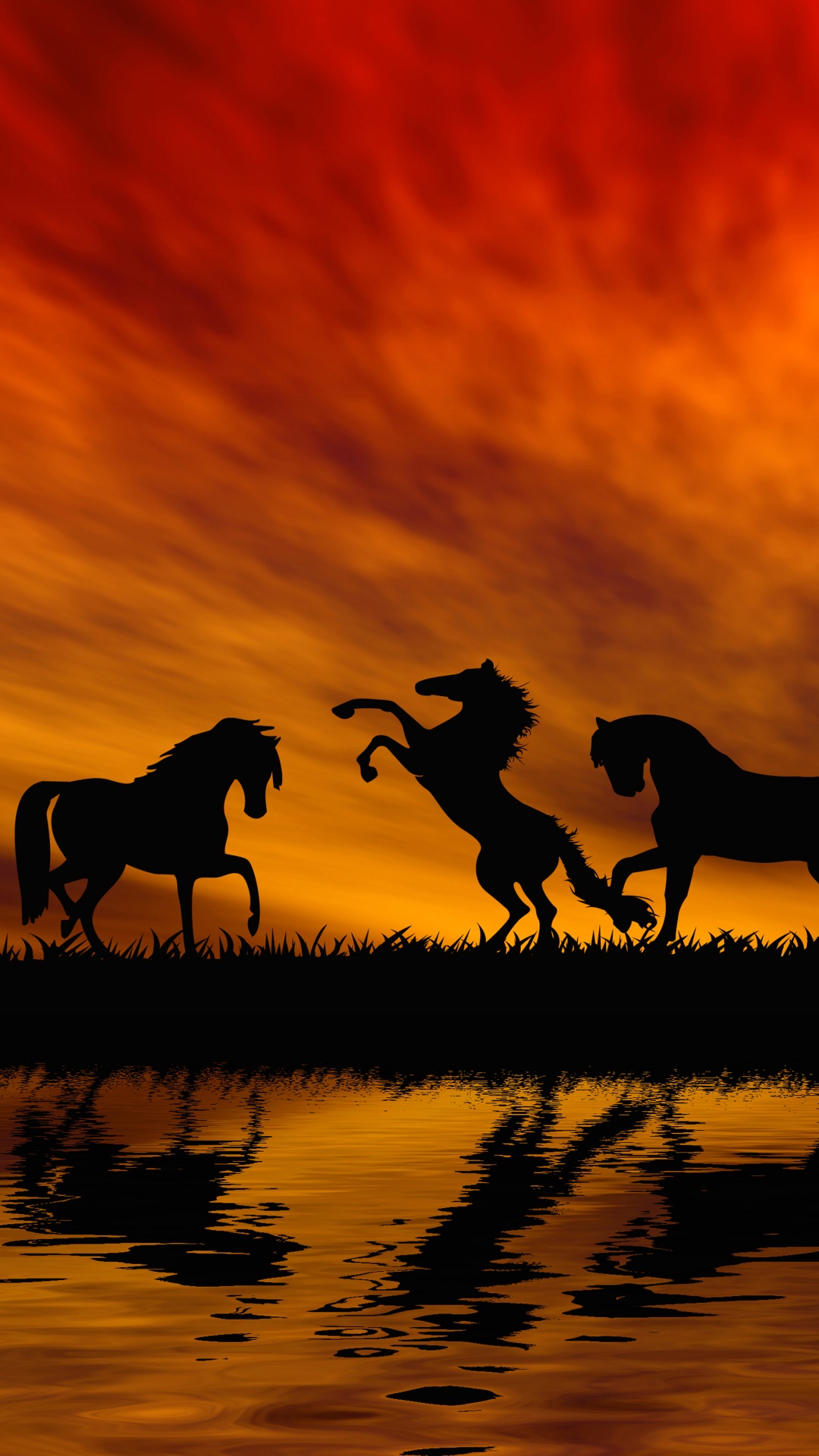 Animal Horse, Silhouette, Orange (Color), Sunset, Reflection, 1080x1920, Phone HD Wallpaper