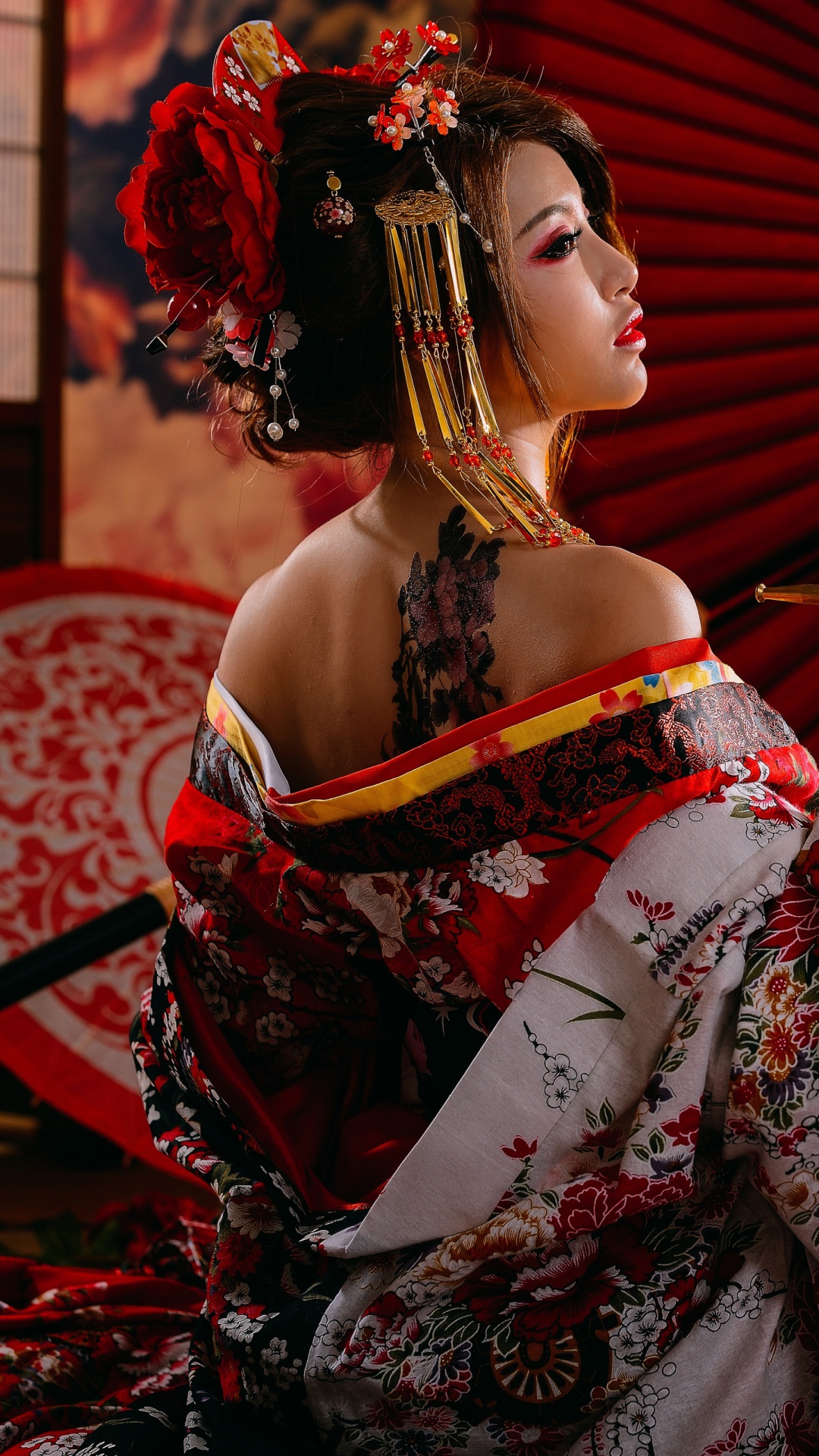 Women Geisha, Model, Lipstick, Asian, Brunette, Kimono, 1080x1920, Phone HD Wallpaper