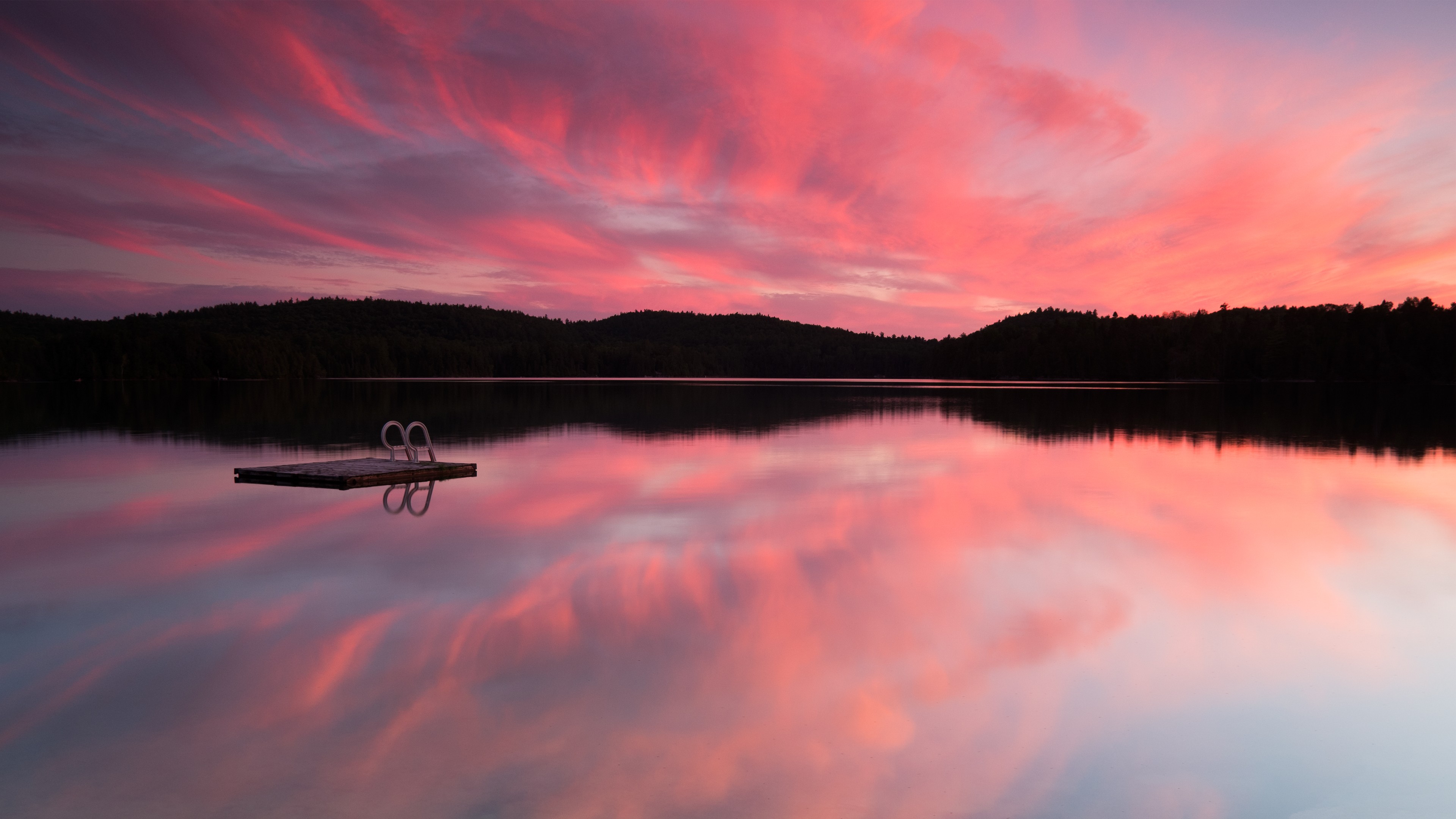 Lake, 4k, sea, pink sunset, sunrise, reflection, sky, clouds, water, HD Wallpaper