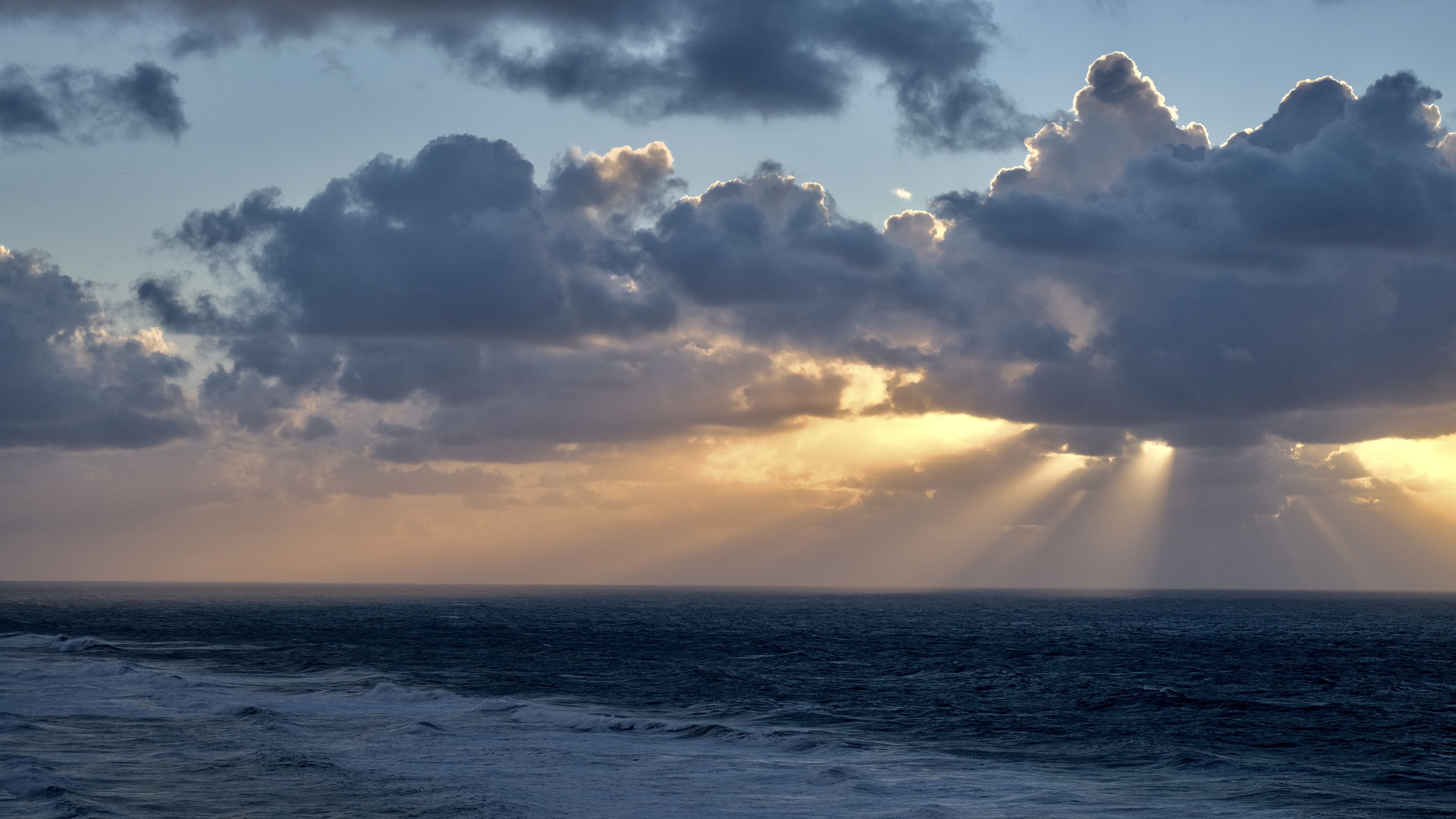rays sun, clouds, sea, horizon, 4k, HD Wallpaper