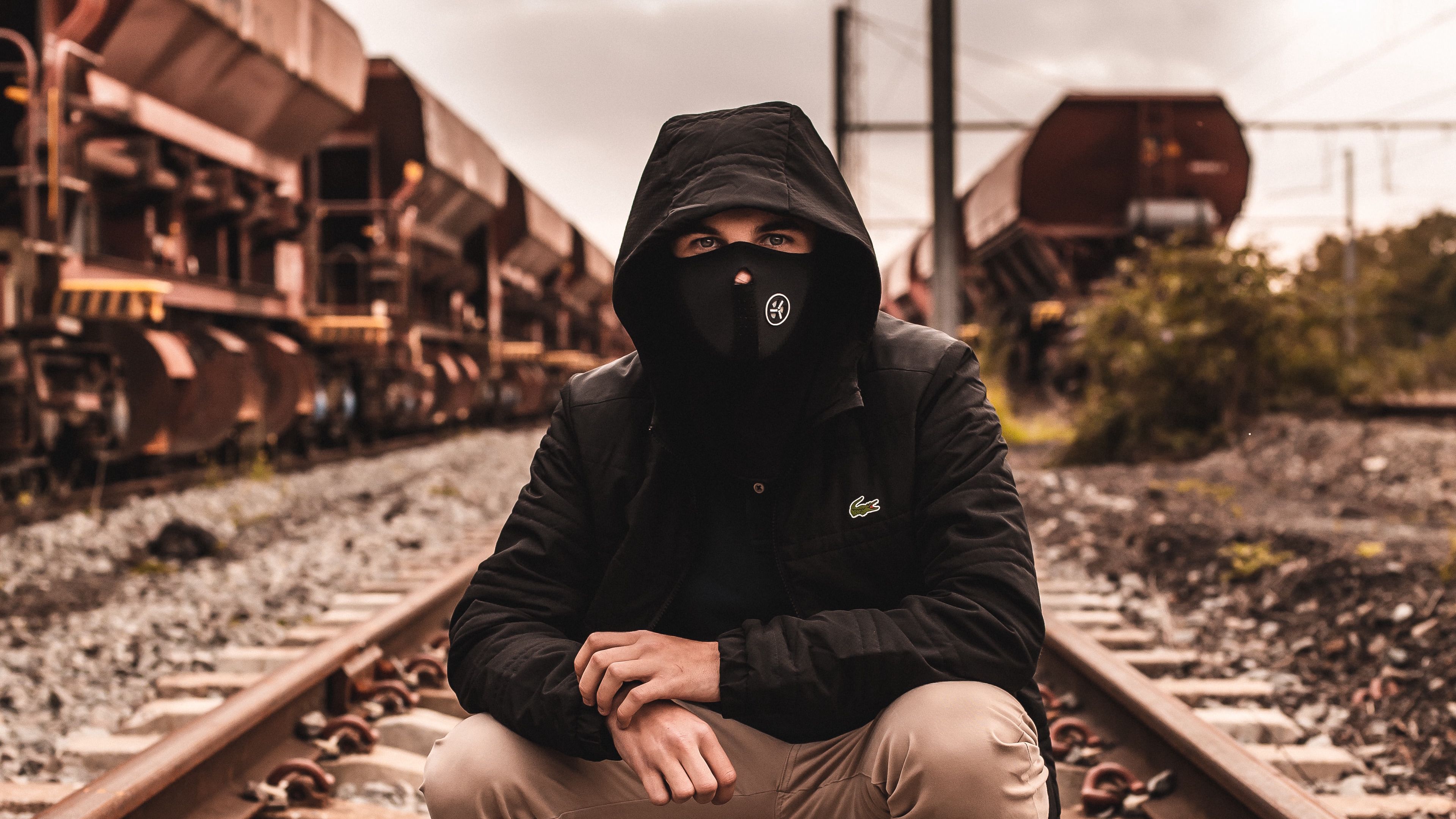 mask, hood, railroad, rails, man, 4k, HD Wallpaper