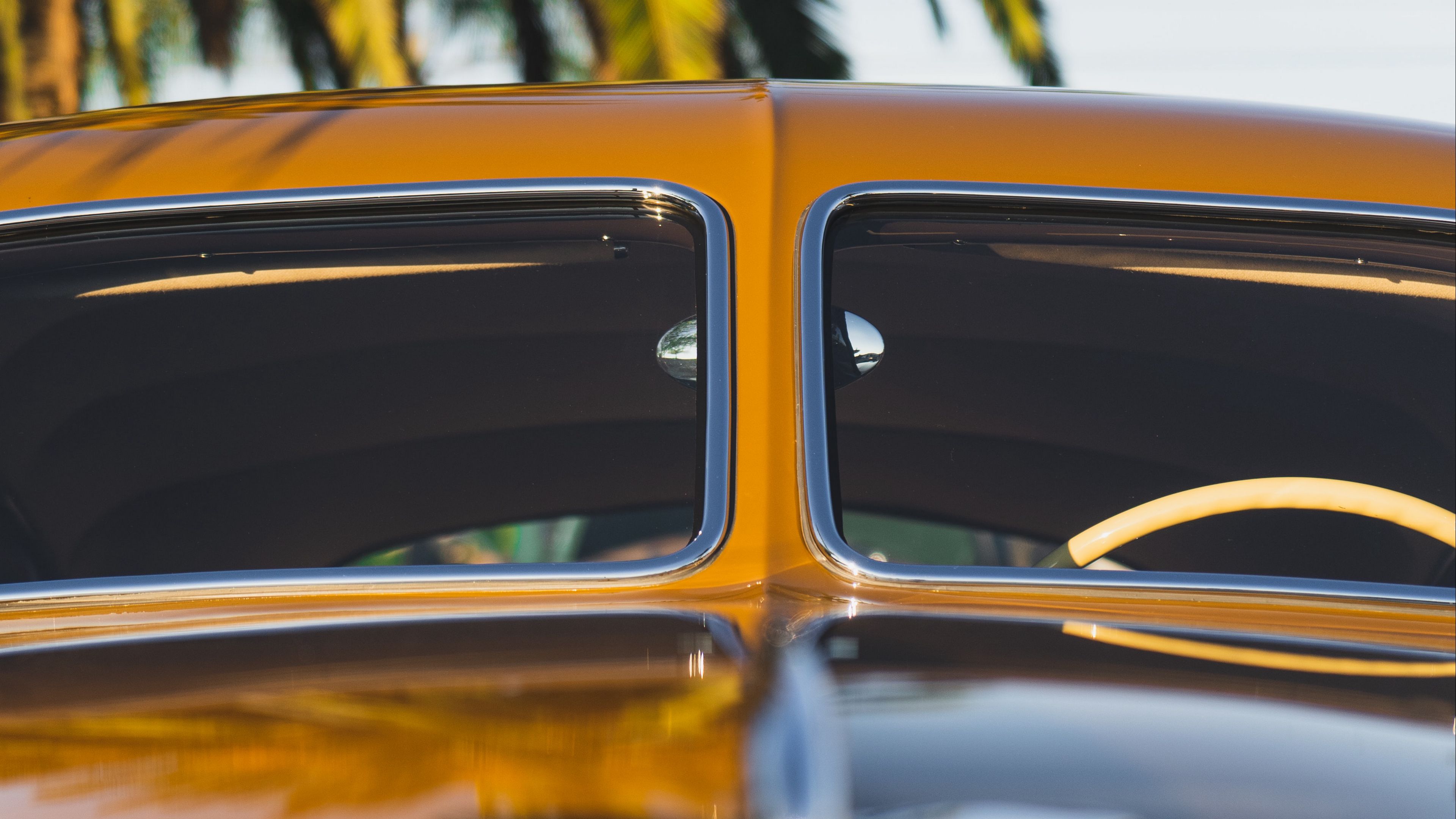 car, yellow, vintage, palm, 4k, HD Wallpaper
