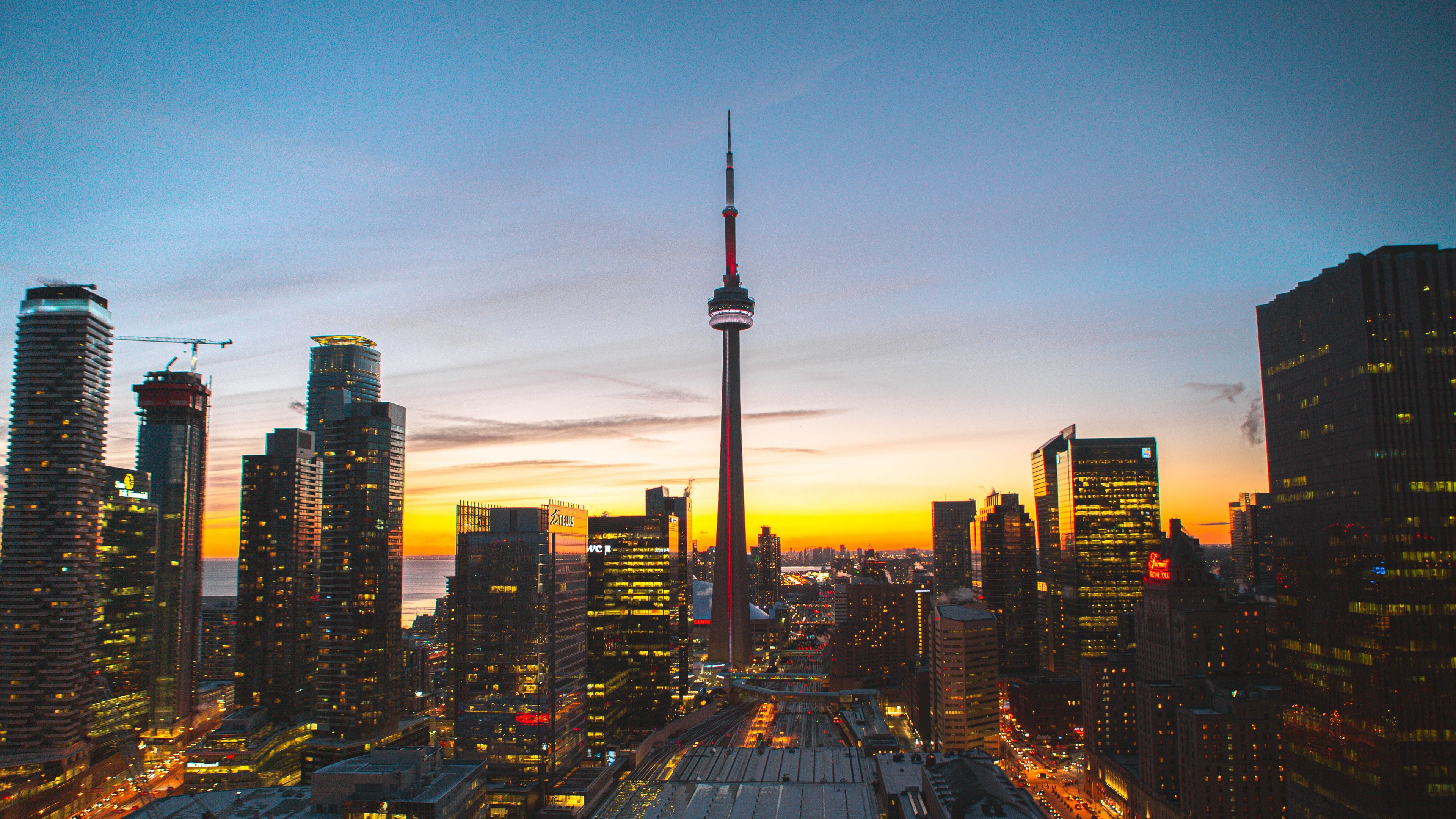 city, evening, tower, buildings, sunset, 4k, HD Wallpaper