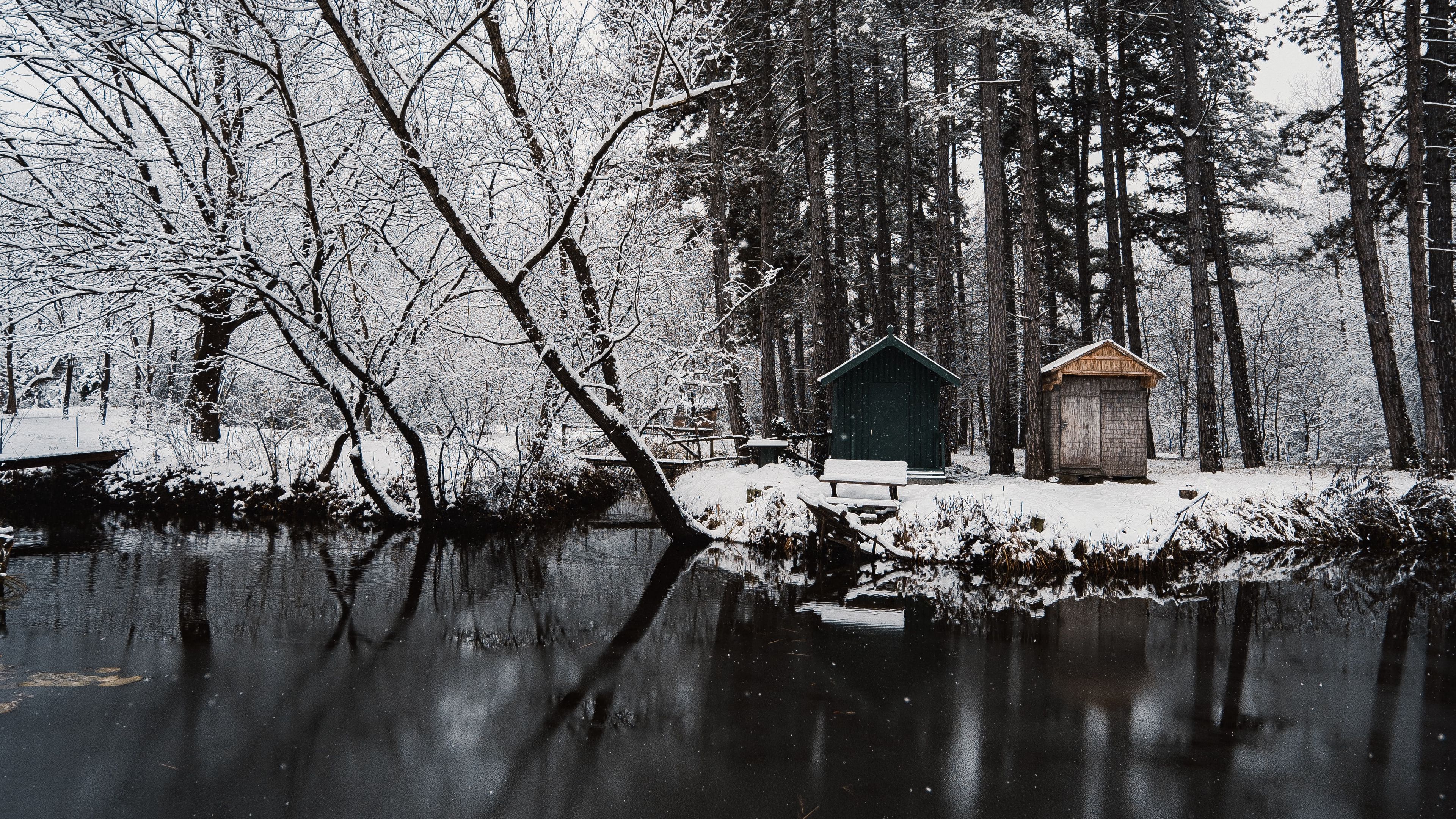 river, snow, trees, structure, winter, 4k, HD Wallpaper