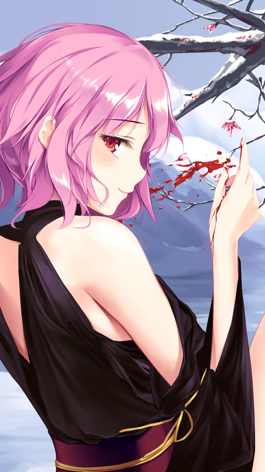 Anime Touhou, Red Eyes, Short Hair, Yuyuko Saigyouji, Pink Hair, 1080x1920, Phone HD Wallpaper