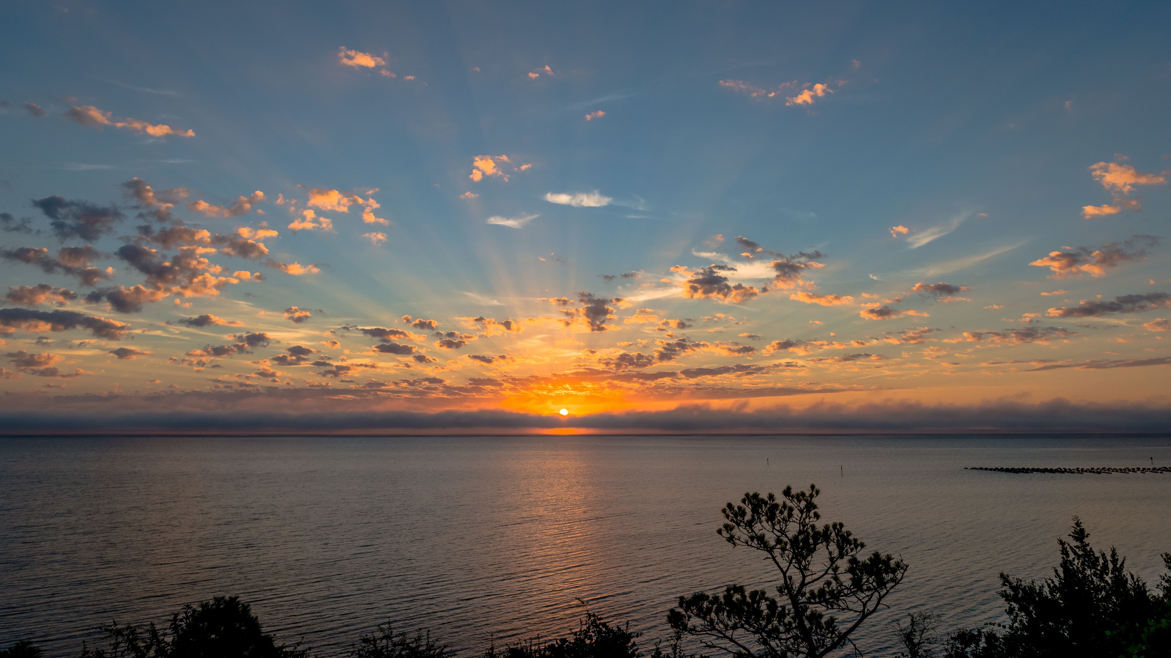 horizon, sunset, water, clouds, 4k, HD Wallpaper