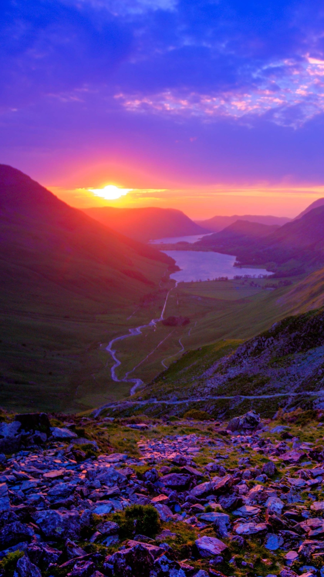 Photography Sunset, Purple, Valley, Mountain, Cloud, Lake, 1080x1920, Phone HD Wallpaper