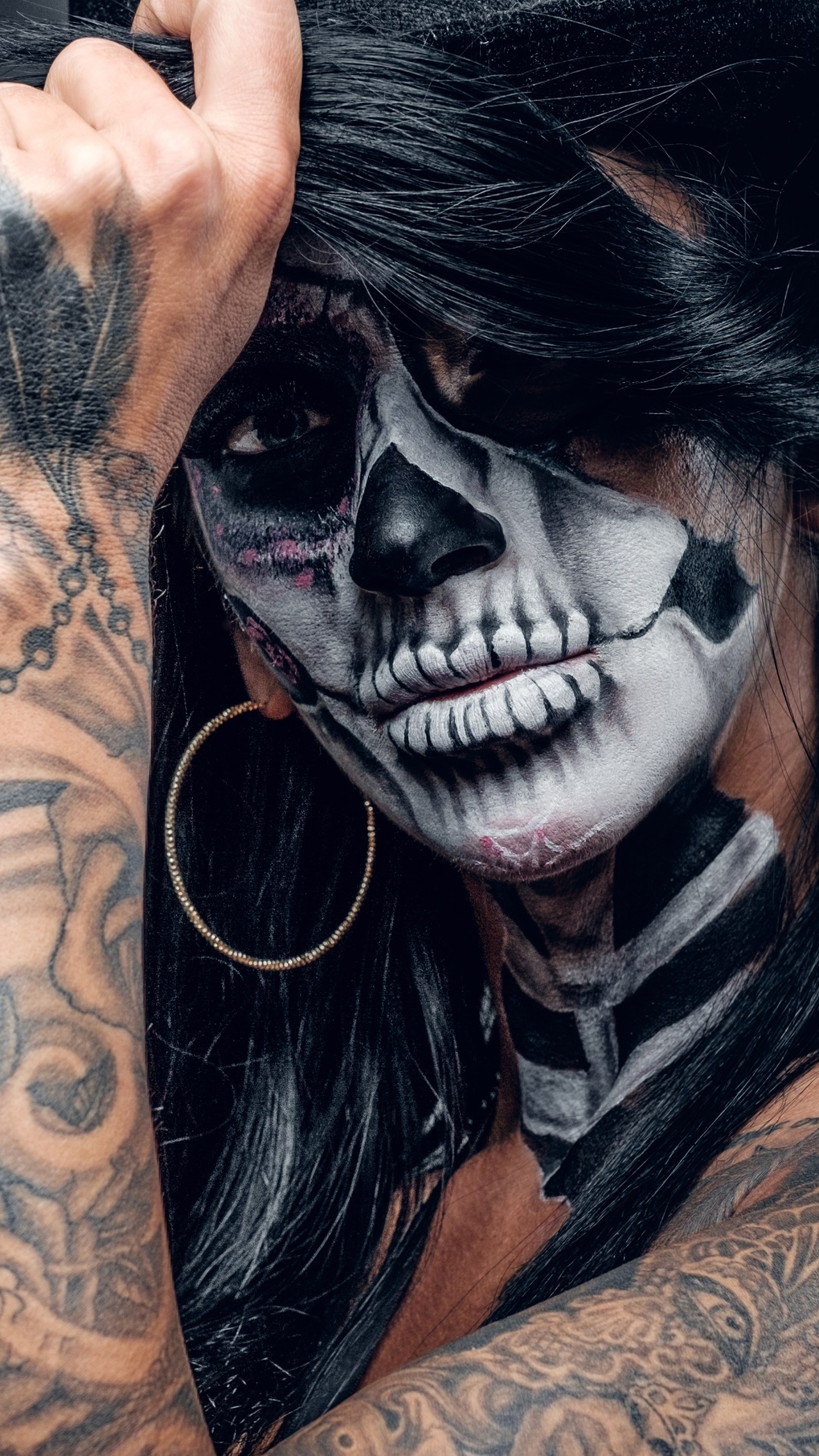 Women Tattoo, Earrings, Sugar Skull, 1080x1920, Phone HD Wallpaper