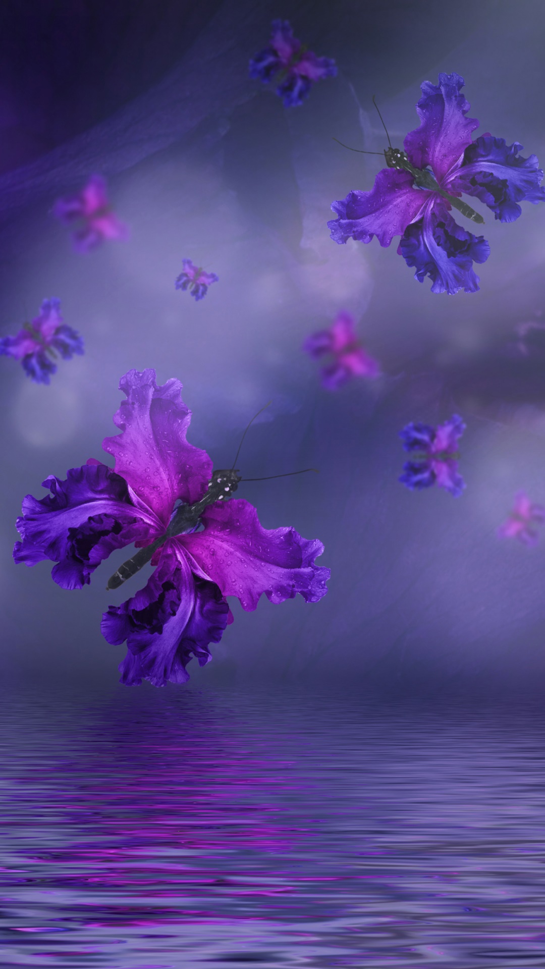 Artistic Butterfly, Flower, Water, Wings, Purple, 1080x1920, Phone HD Wallpaper