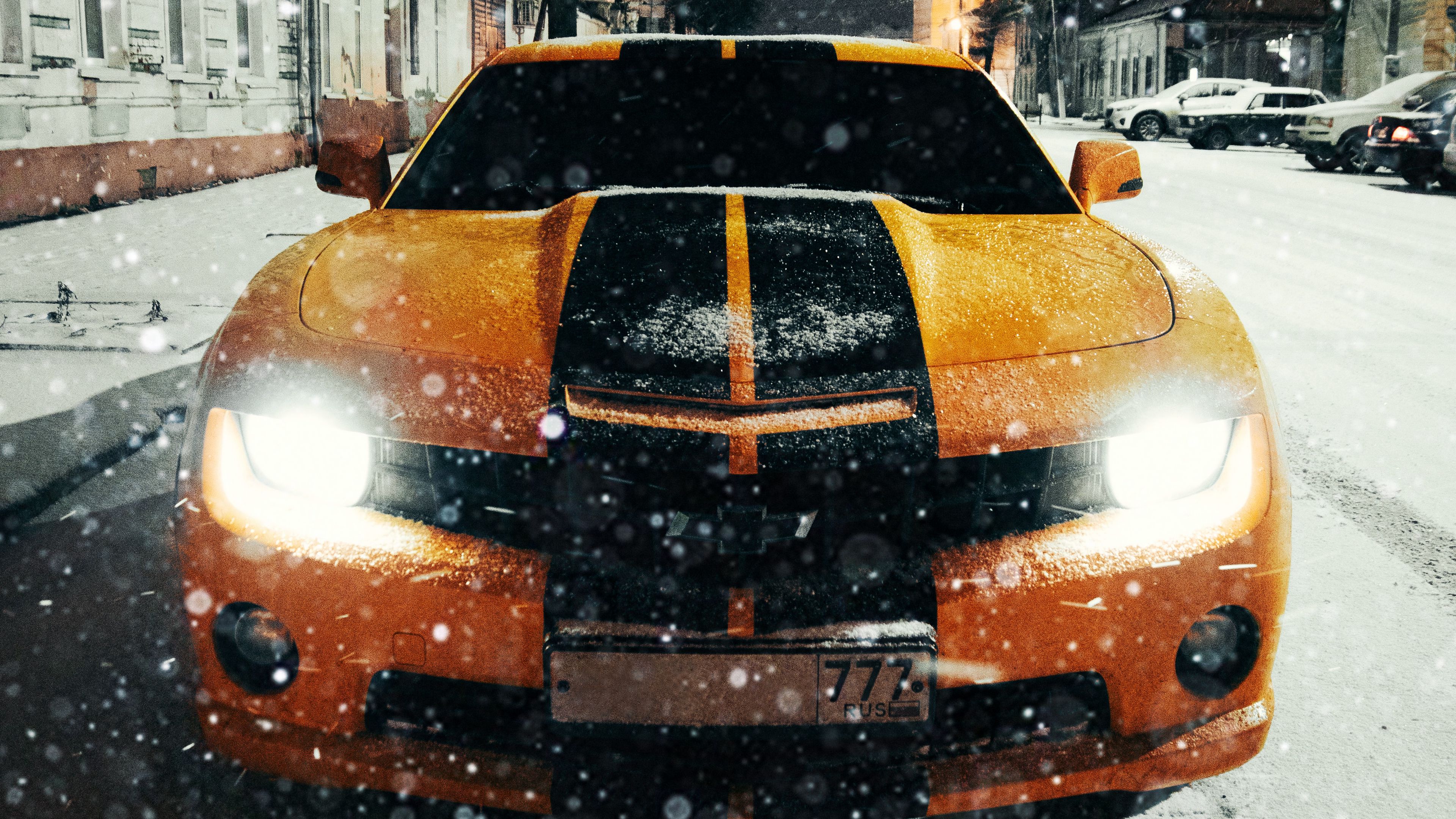 machine, front view, headlights, orange, 4k, HD Wallpaper