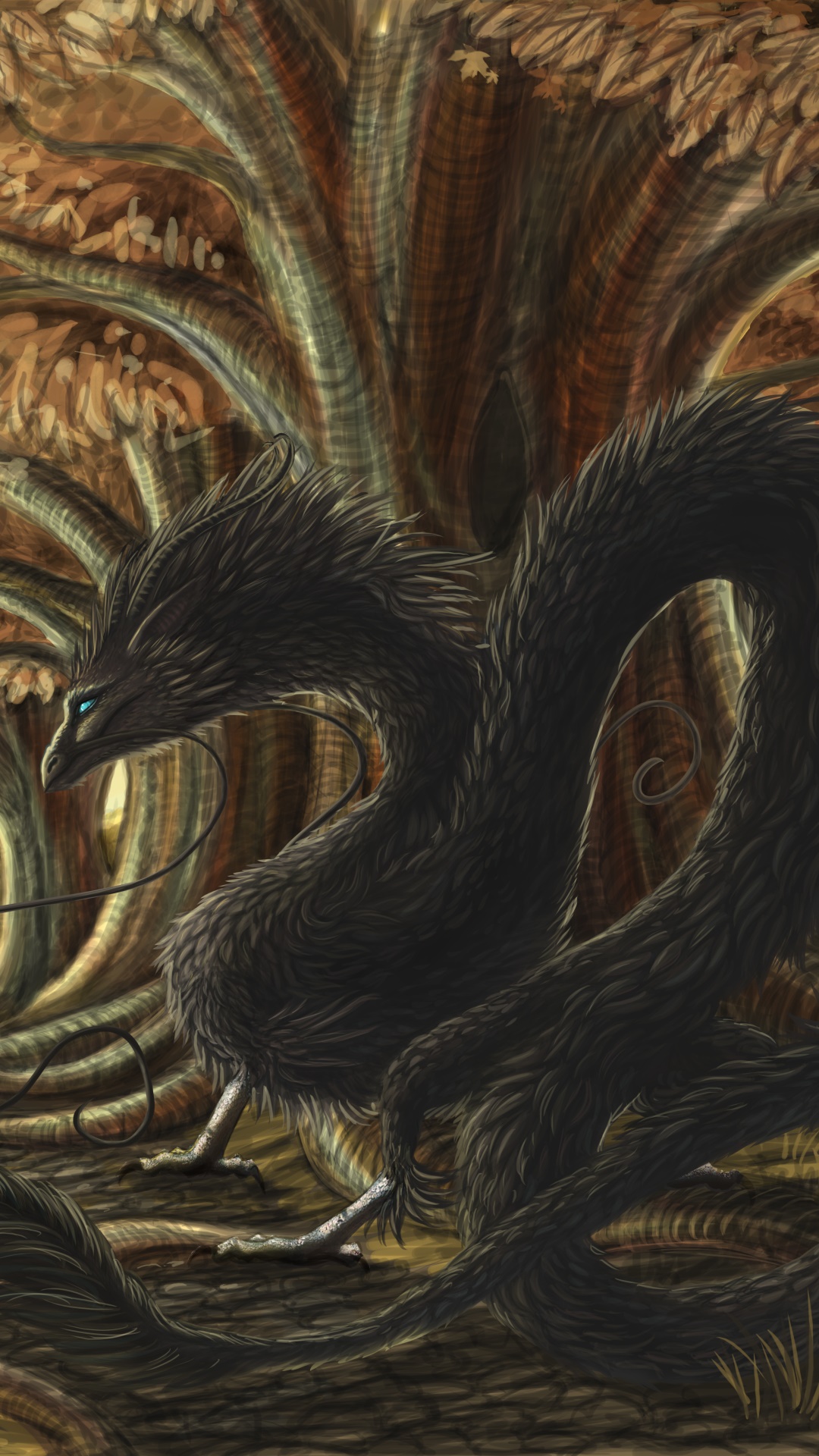 Fantasy Dragon, Bridge, Tree, Forest, Dog, Fall, 1080x1920, Phone HD Wallpaper