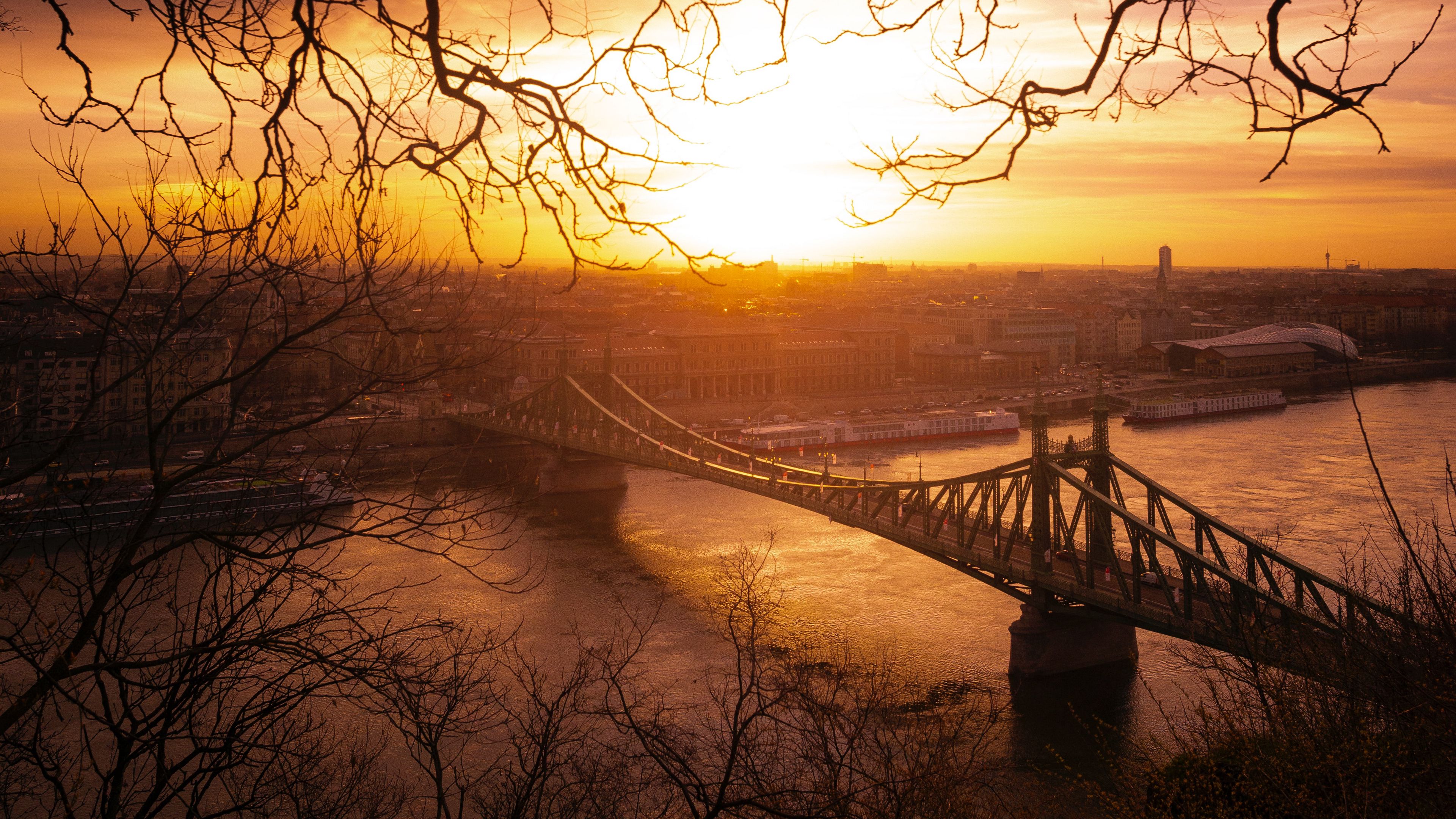 city, bridge, sunset, branches, 4k, HD Wallpaper