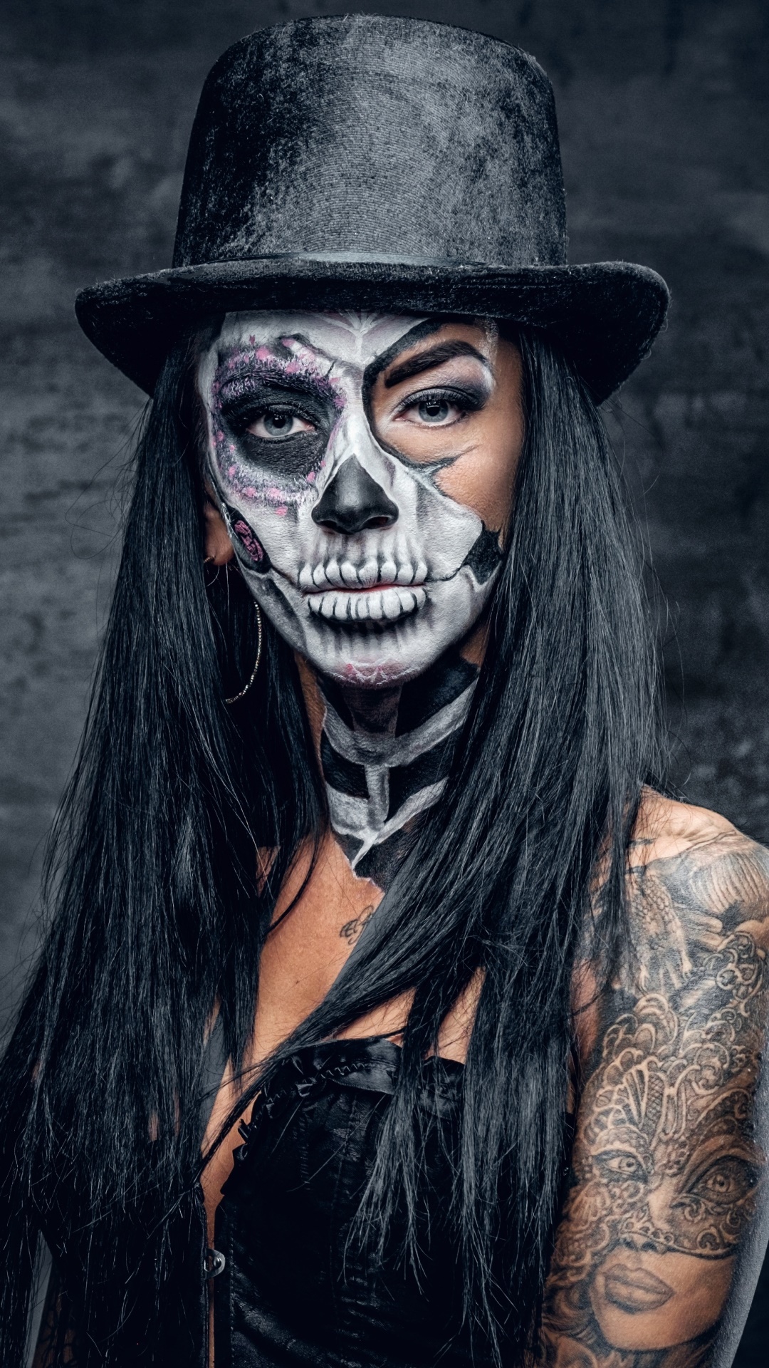 Women Tattoo, Blue Eyes, Sugar Skull, Hat, Makeup, 1080x1920, Phone HD Wallpaper