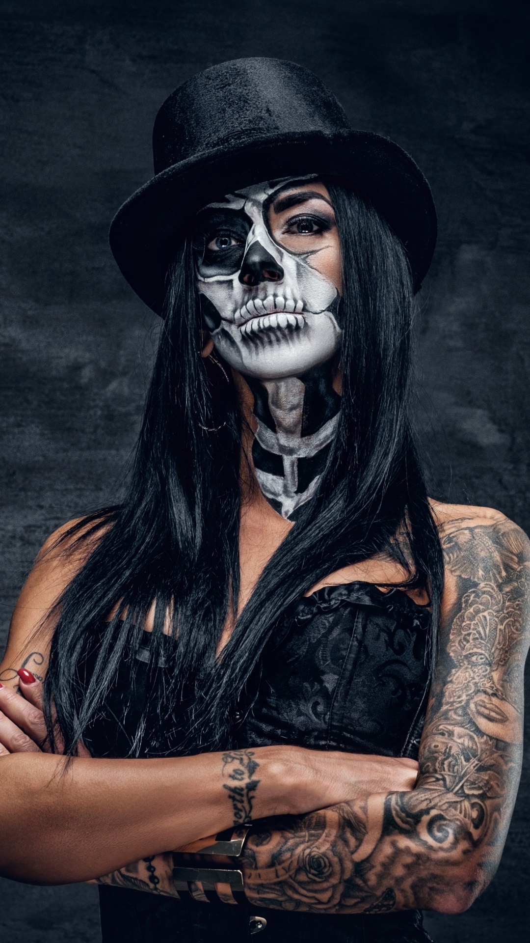 Women Tattoo, Sugar Skull, Blue Eyes, Hat, 1080x1920, Phone HD Wallpaper