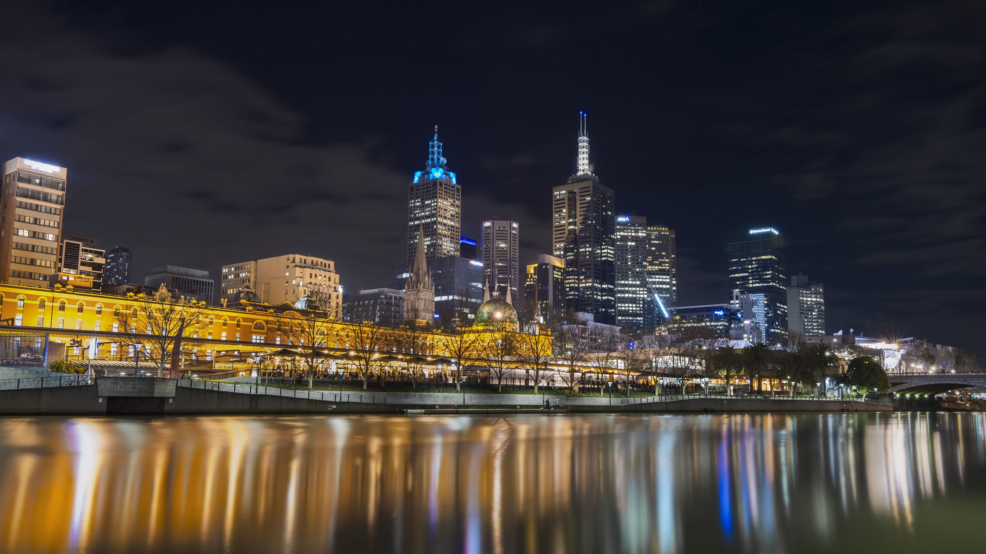 night city, lights, water, reflection, 4k, HD Wallpaper