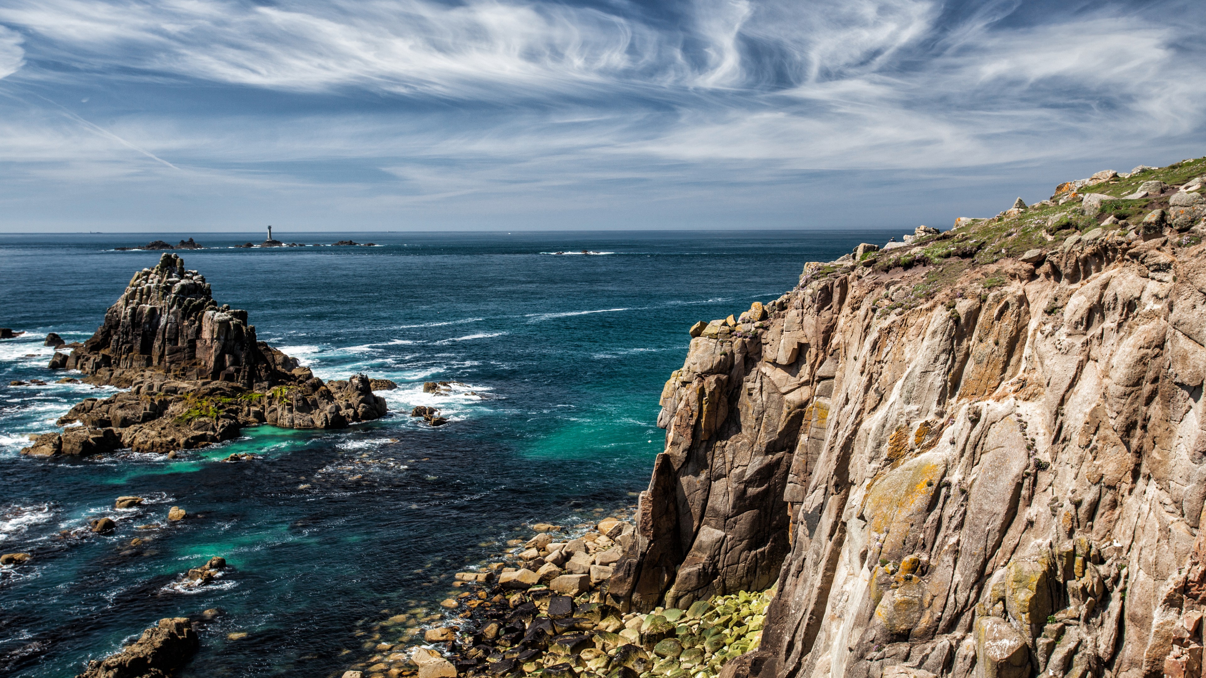 Cornwall, 4K, England, rocks, Atlantic ocean, sky, HD Wallpaper