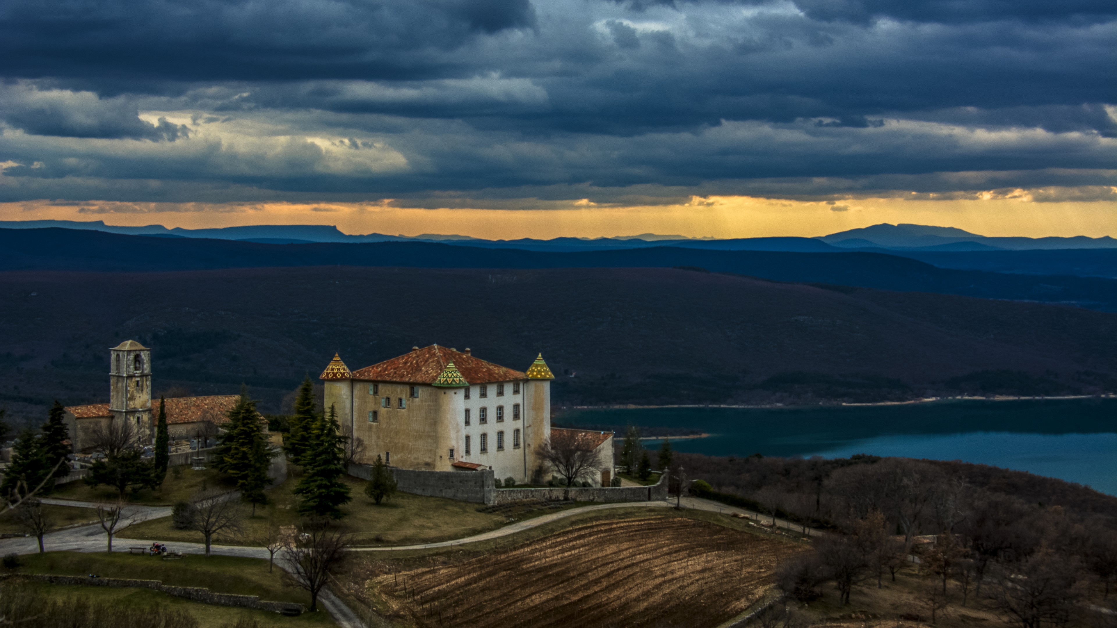 Chateau Aiguines, 4k, France, mountains, sunset, castle, HD Wallpaper