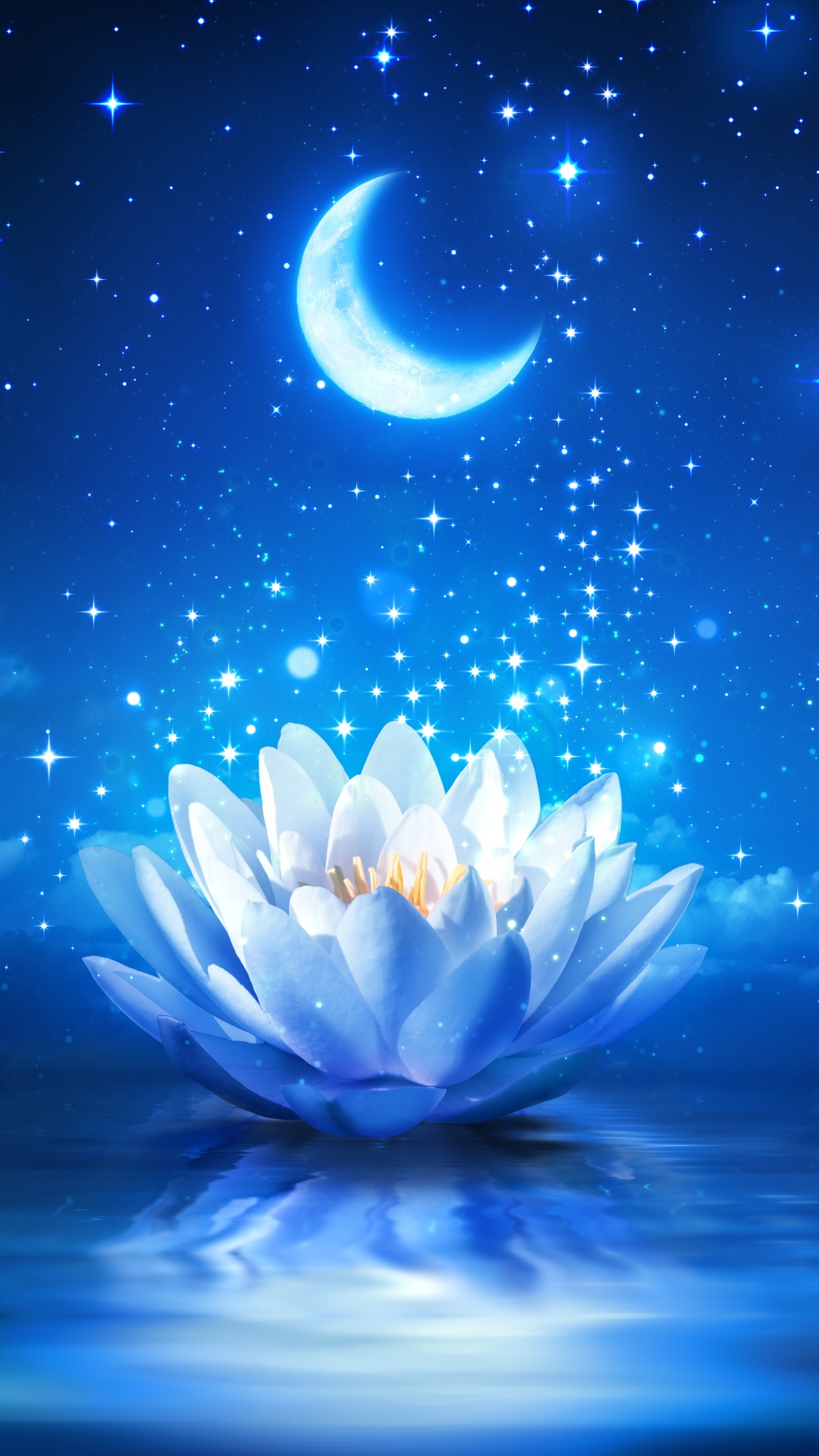 Artistic Flower, Stars, Sparkles, Reflection, Night, Moon, 1080x1920, Phone HD Wallpaper