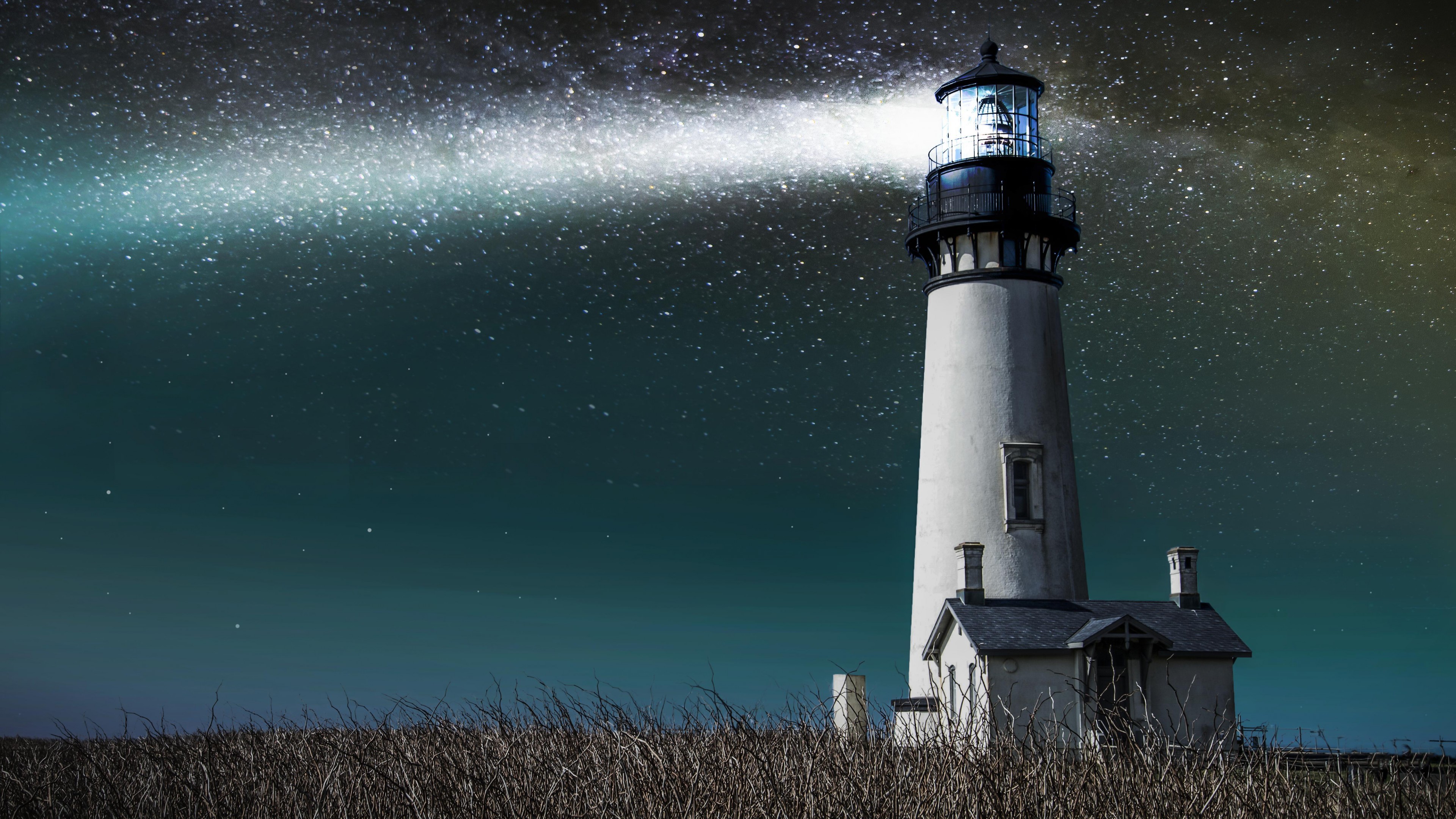 Lighthouse, 4k, meadows, night, stars, HD Wallpaper
