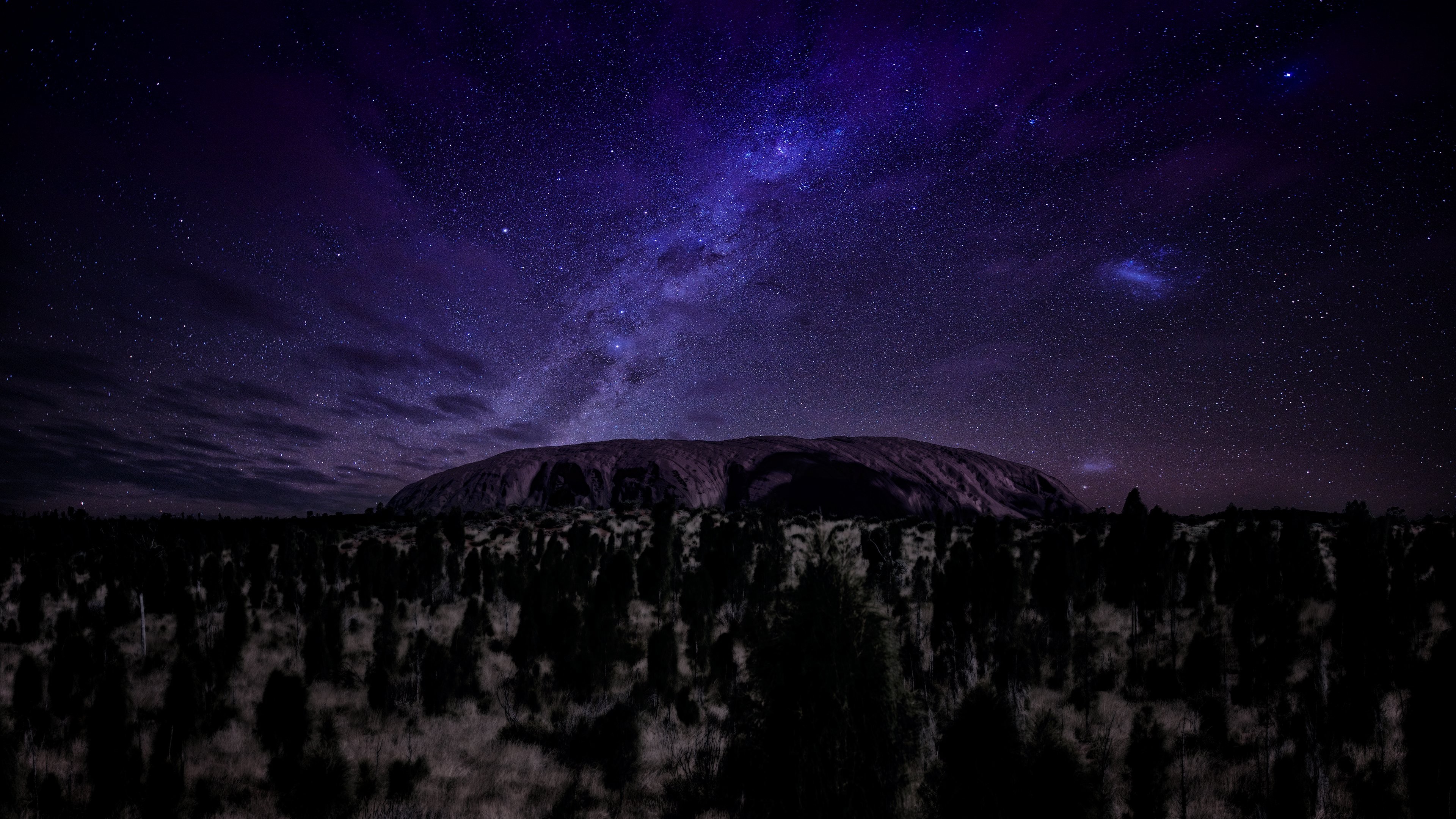 Ayers, 4K, mountains, night, stars, trees, HD Wallpaper