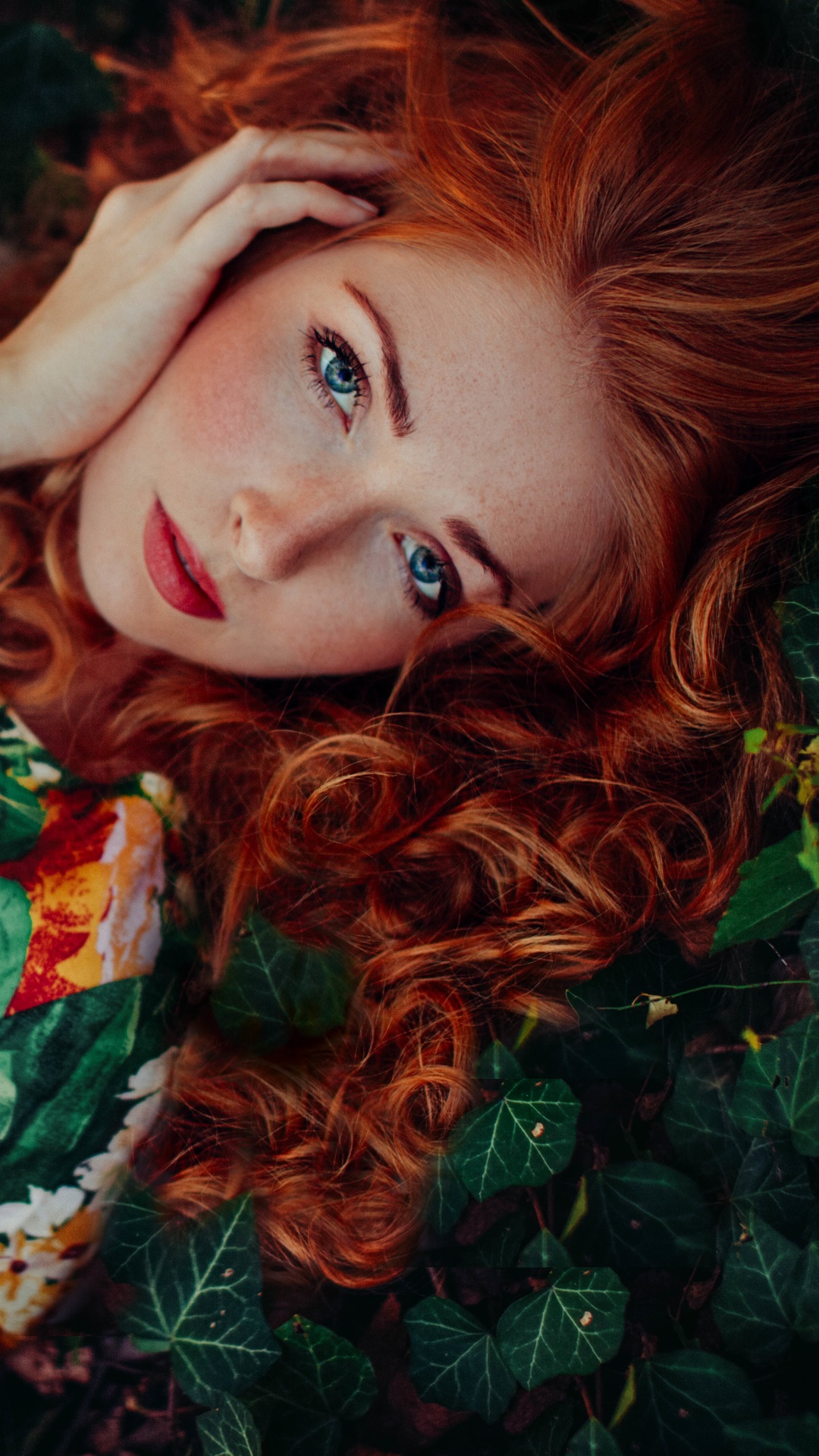 Women Mood, Lying Down, Blue Eyes, Pink Flower, Flower, Redhead, 1080x1920, Phone HD Wallpaper