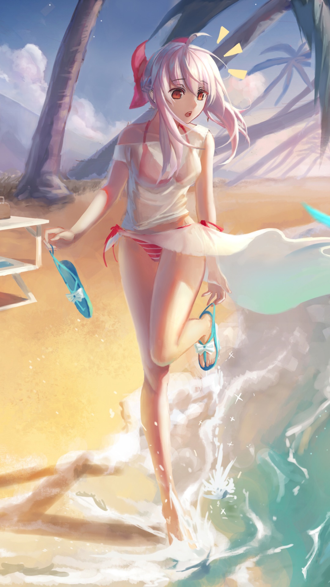 Anime Seraph of the End, Water, Beach, Bikini, Pink Hair, Red Eyes, 1080x1920, Phone HD Wallpaper