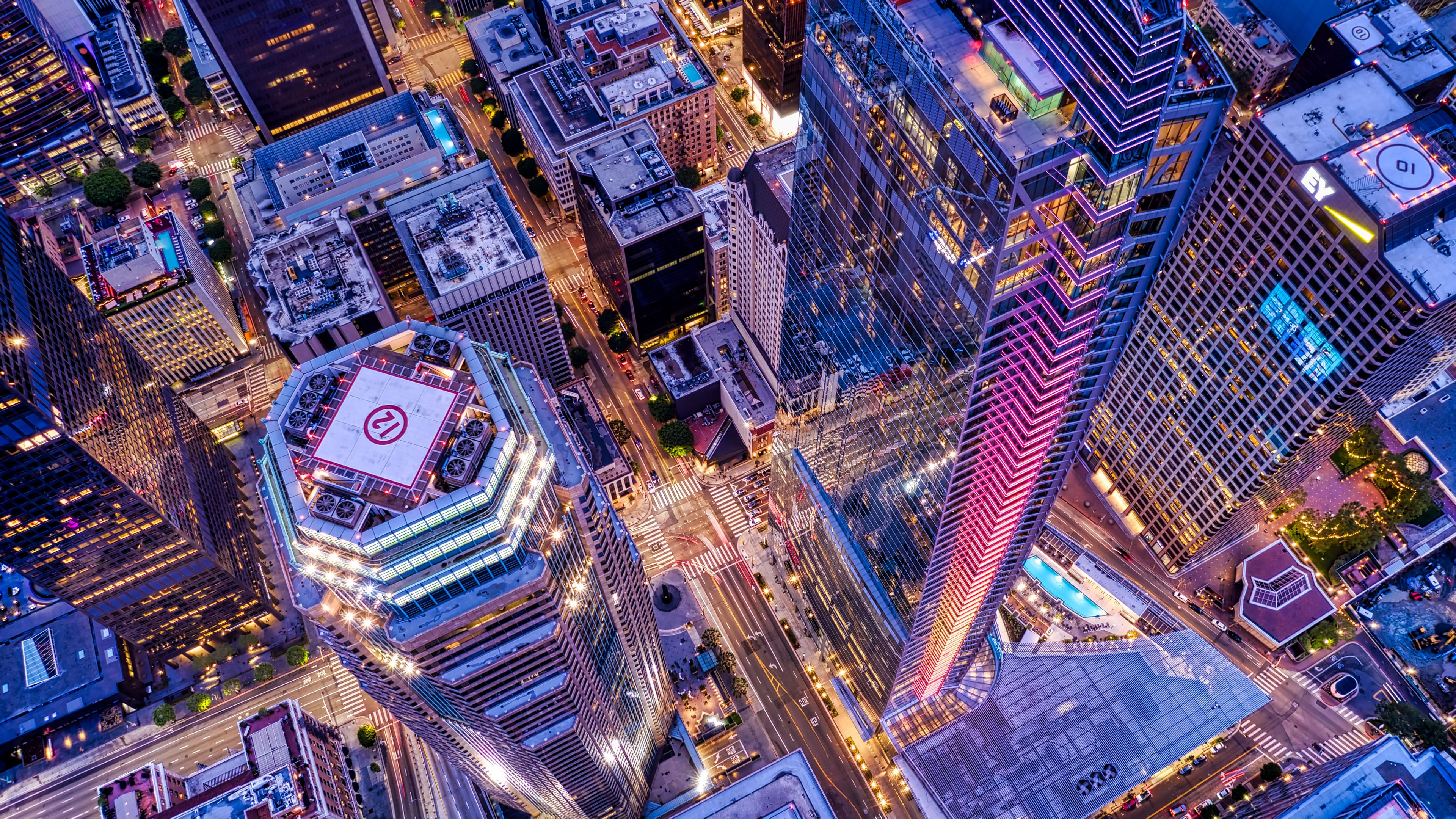 city, aerial view, lights, road, 4k, HD Wallpaper