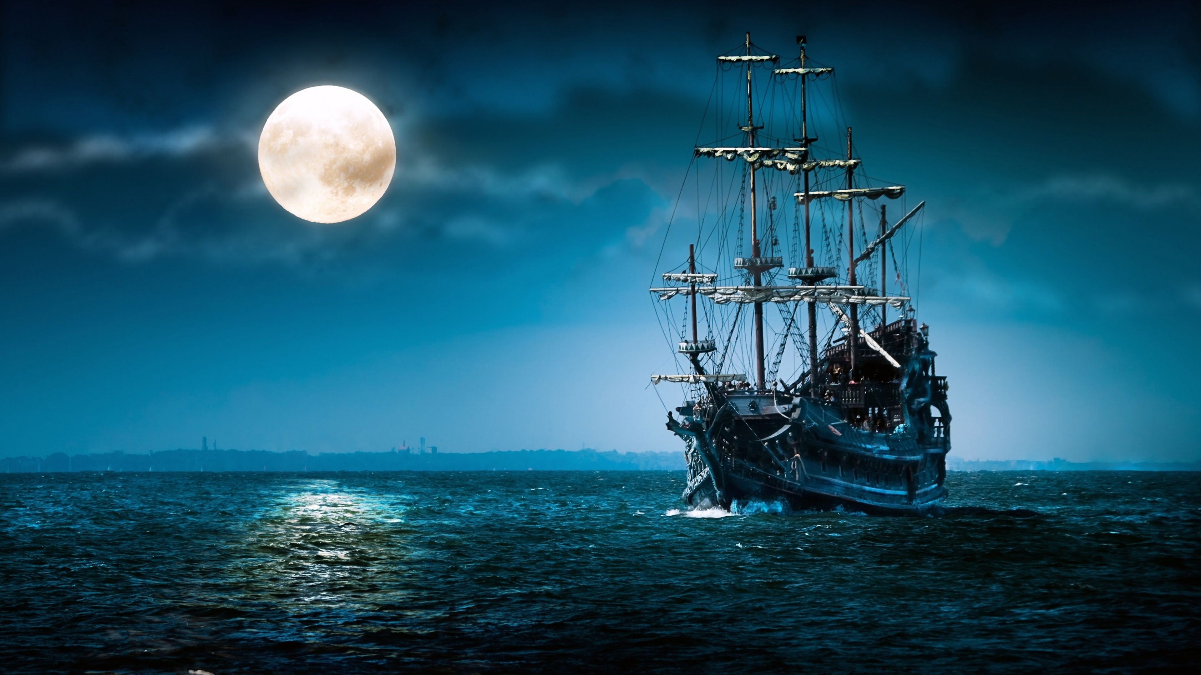 ship, sea, moon, night, HD Wallpaper