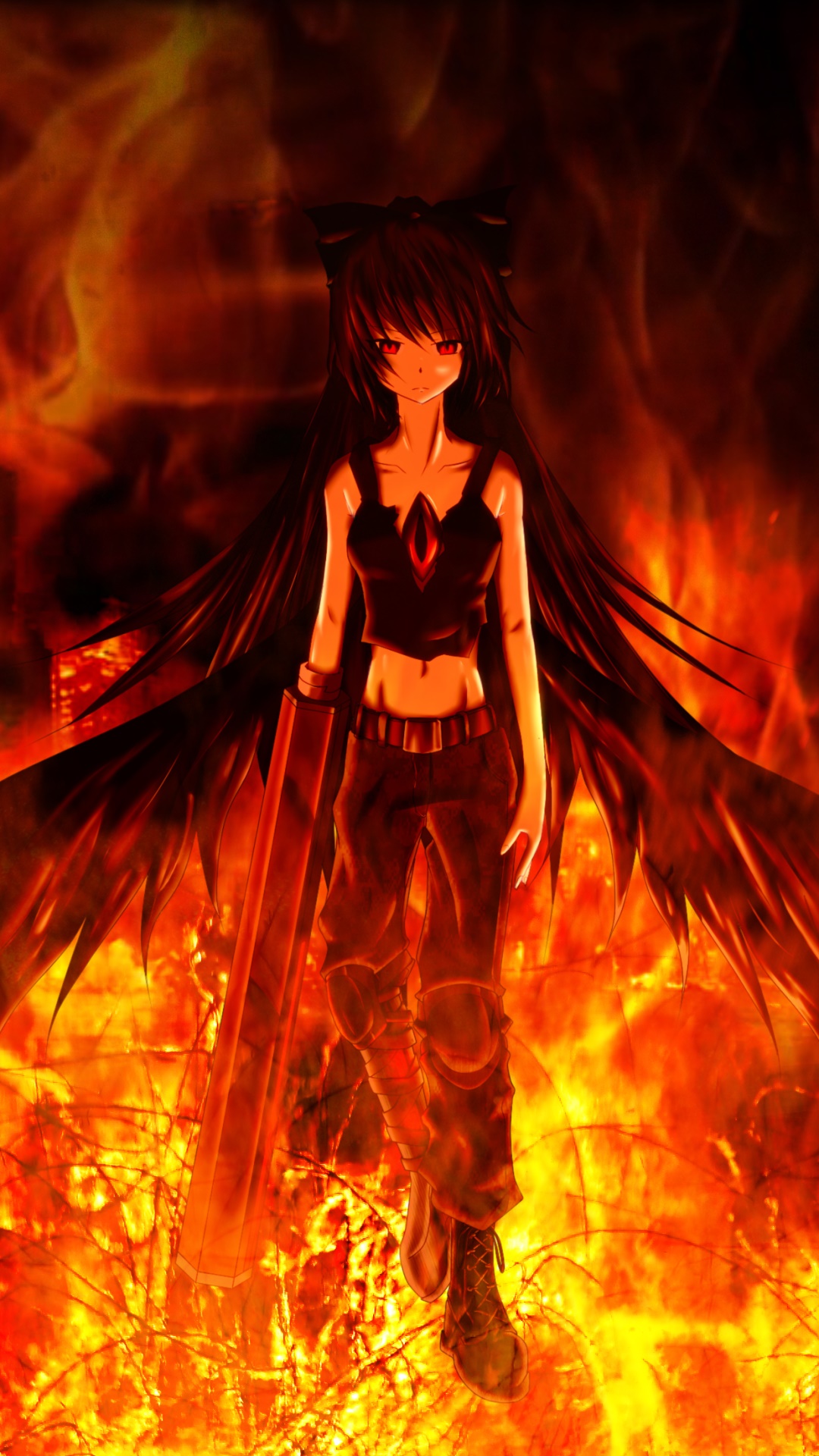 Anime Touhou, Weapon, Flame, Gothic, Utsuho Reiuji, Fire, 1080x1920, Phone HD Wallpaper
