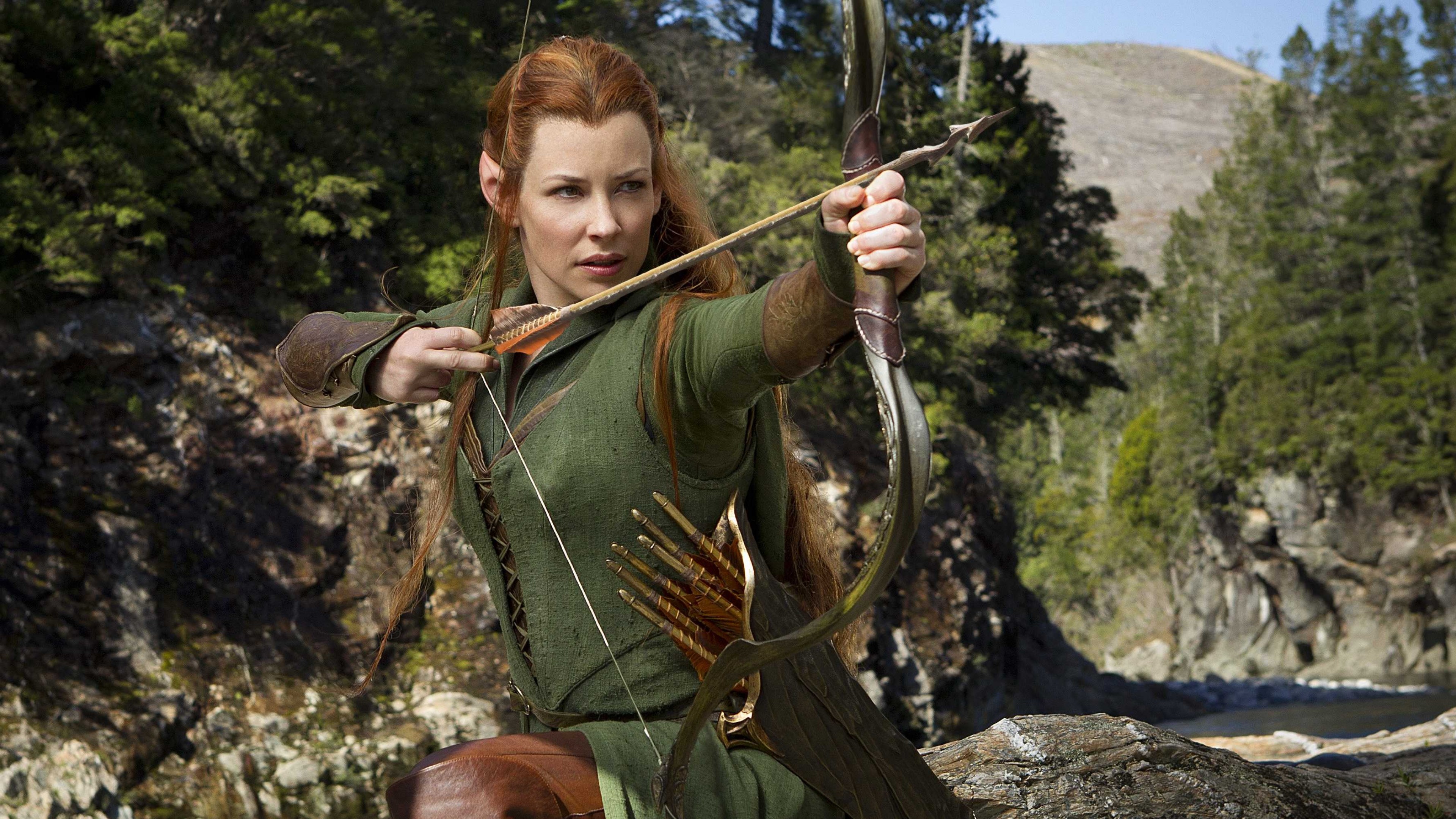 Evangeline Lilly, actress, Hobbit, arrow, elf, forest, HD Wallpaper