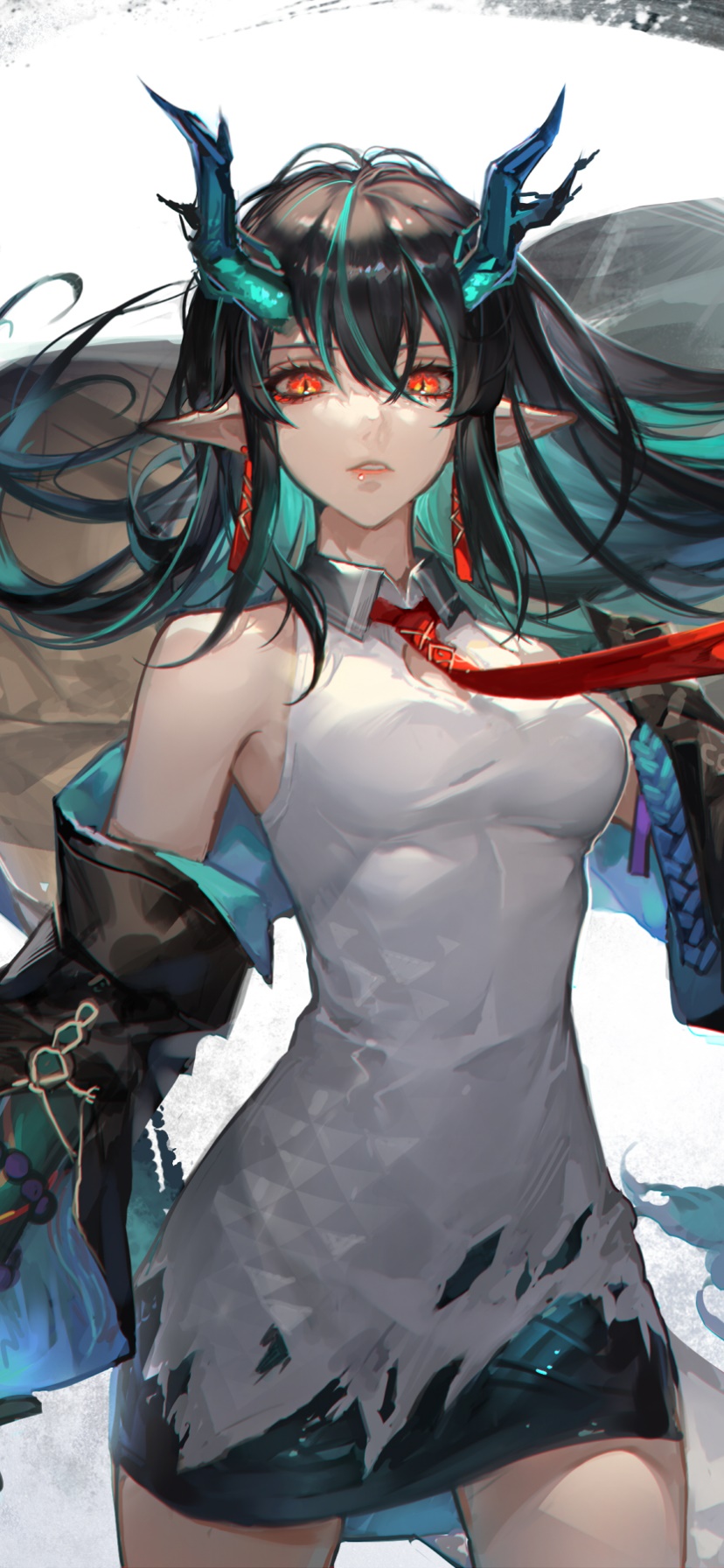 Video Game Arknights, Dusk (Arknights), Red Eyes, Black Hair, Pointed Ears, 828x1792, Phone HD Wallpaper