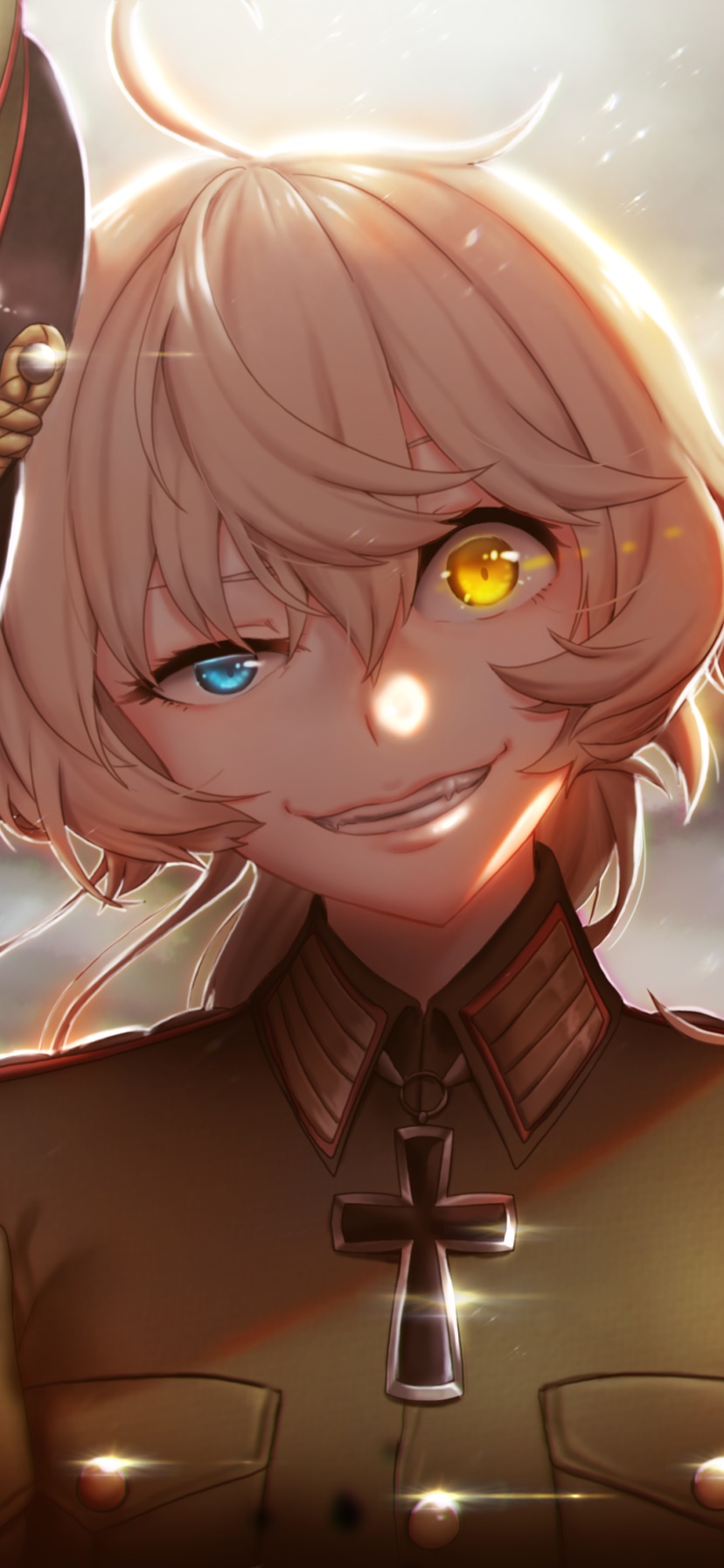 Anime Youjo Senki, Smile, Military Uniform, Blonde, Tanya Degurechaff, Heterochromia, 828x1792, Phone HD Wallpaper