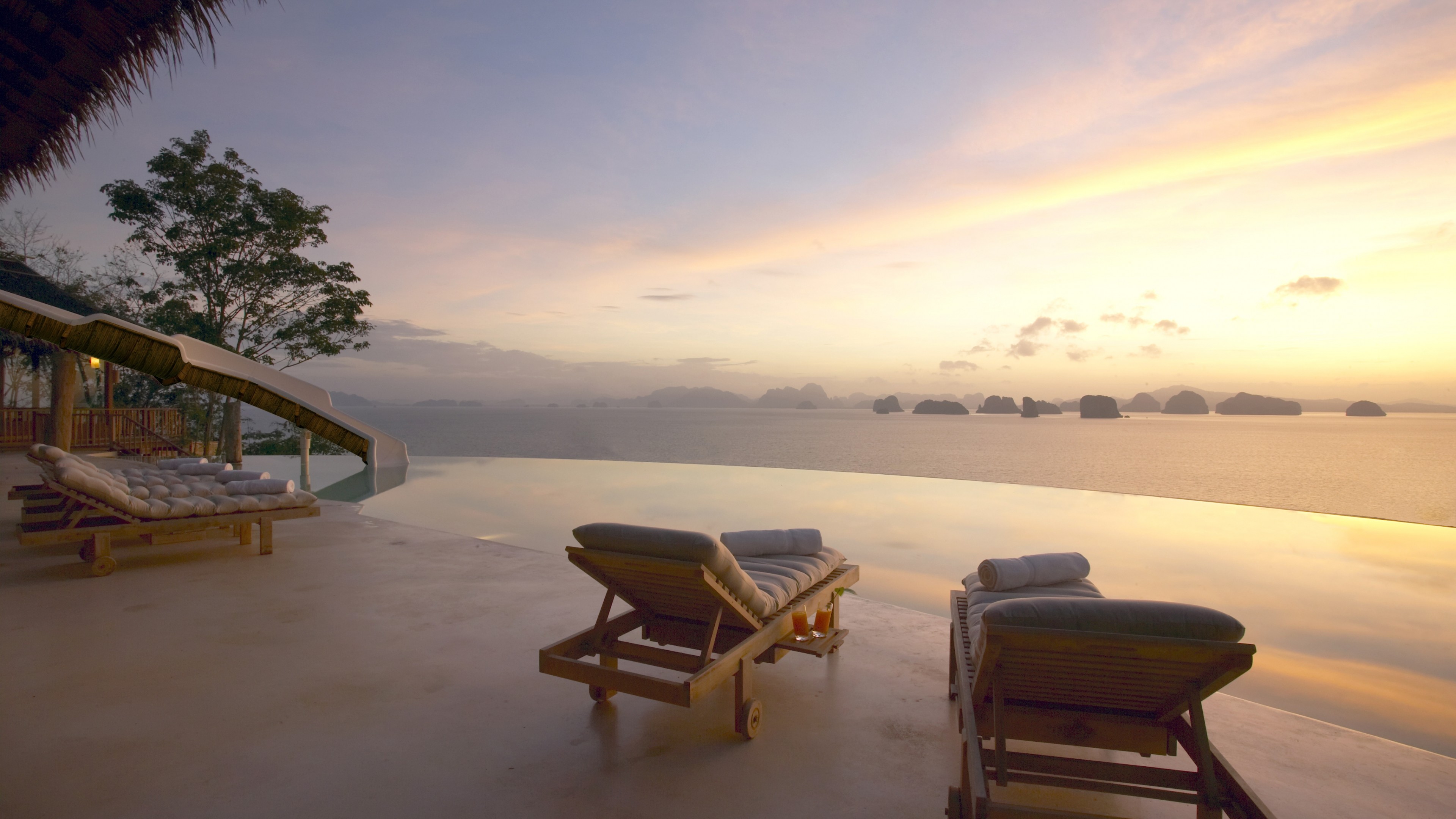 Six Senses Yao Noi, Koh Yao Noi, Eco, The best hotel pools 2017, tourism, travel, resort, vacation, pool, sunset, sunrise, sunbed, sky, HD Wallpaper