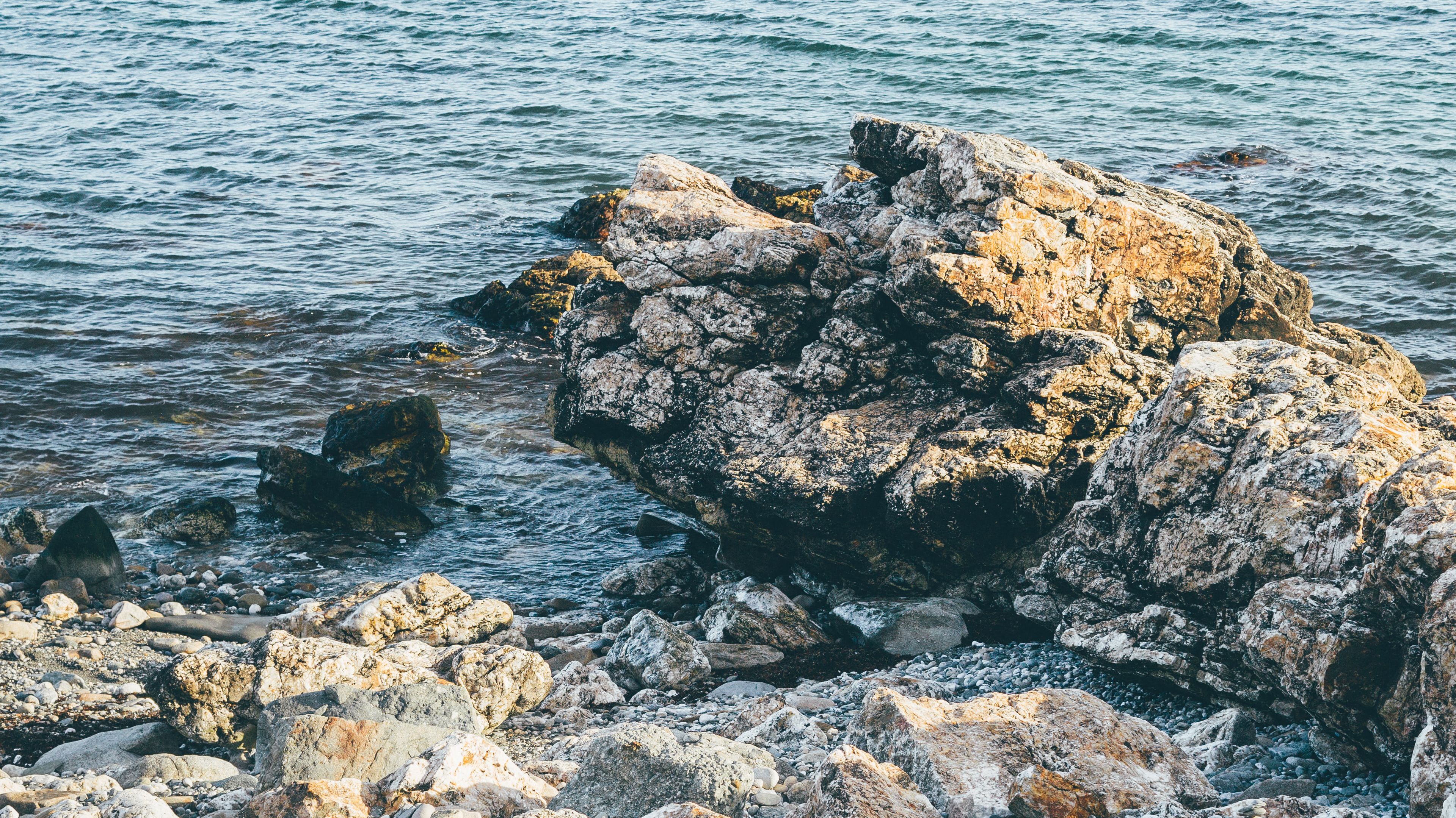 stones, blocks, shore, sea, 4k, HD Wallpaper