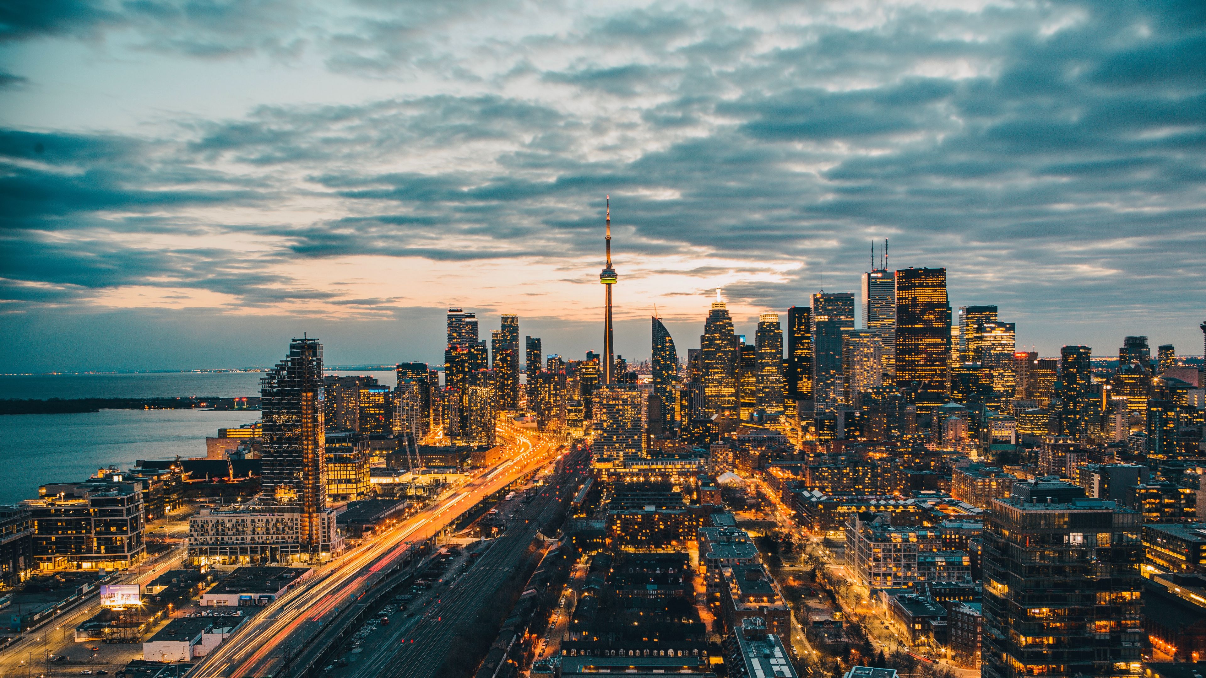 night city, lights, tower, road, 4k, HD Wallpaper