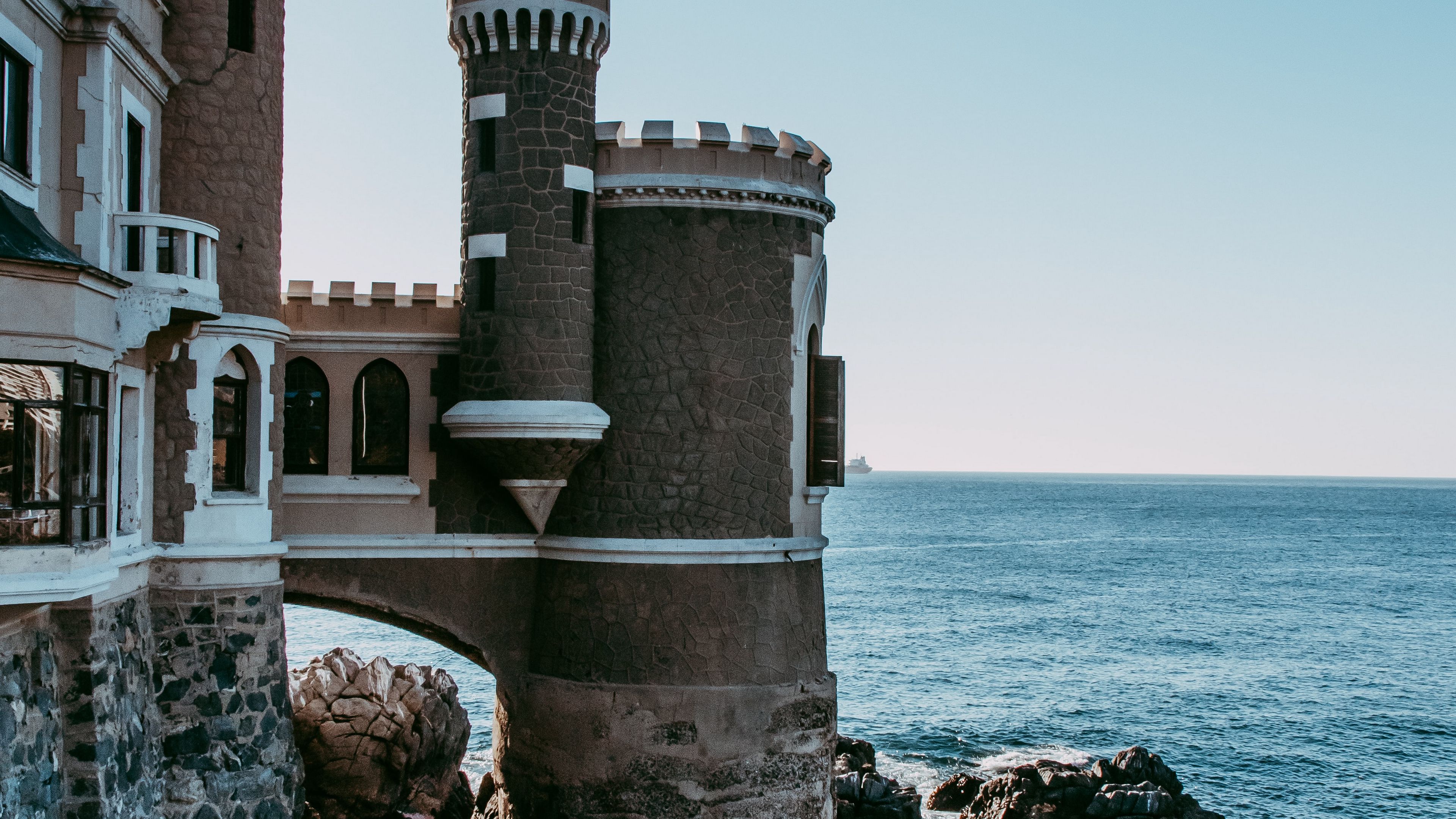 castle, building, architecture, cliffs, sea, 4k, HD Wallpaper