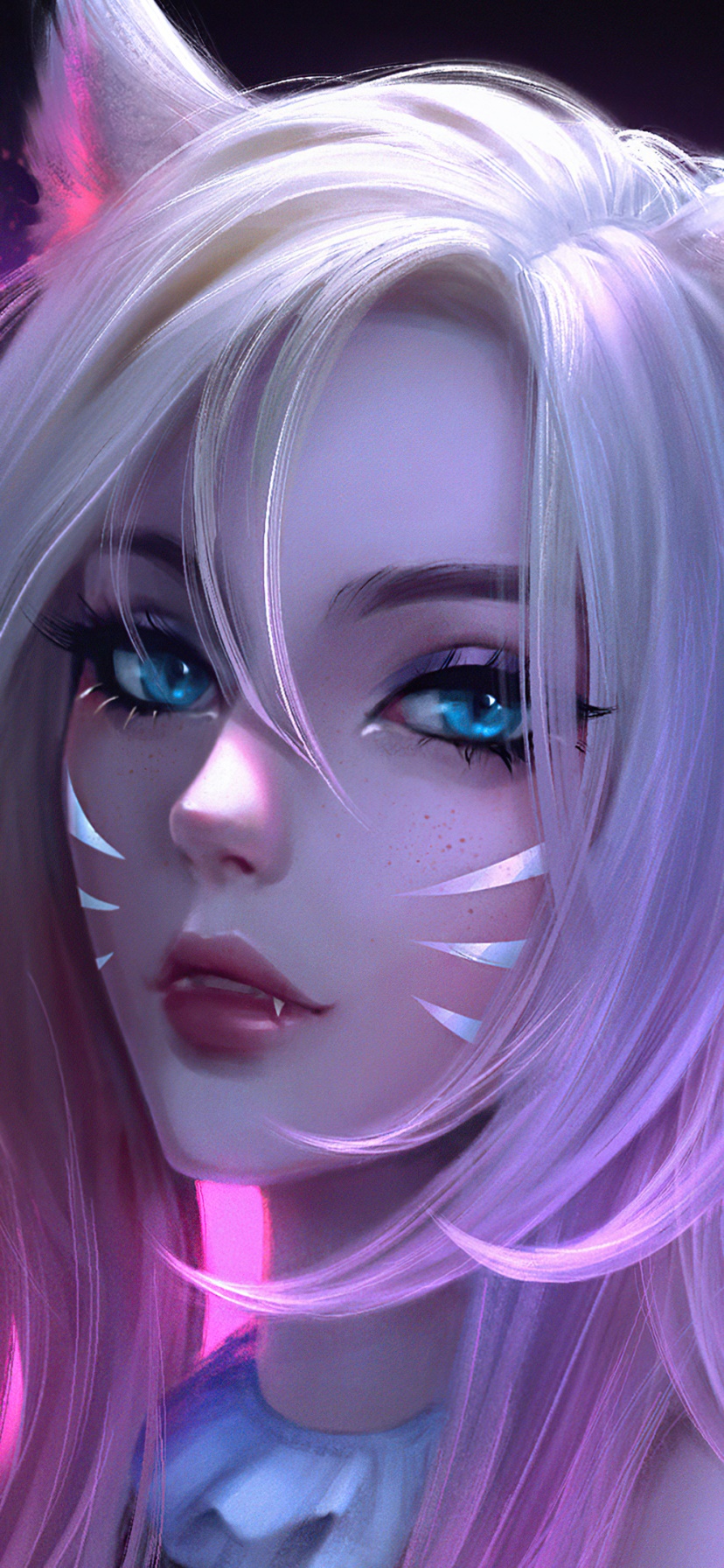 Video Game League Of Legends, Ahri (League Of Legends), Blue Eyes, Blonde, Animal Ears, Face, 828x1792, Phone HD Wallpaper