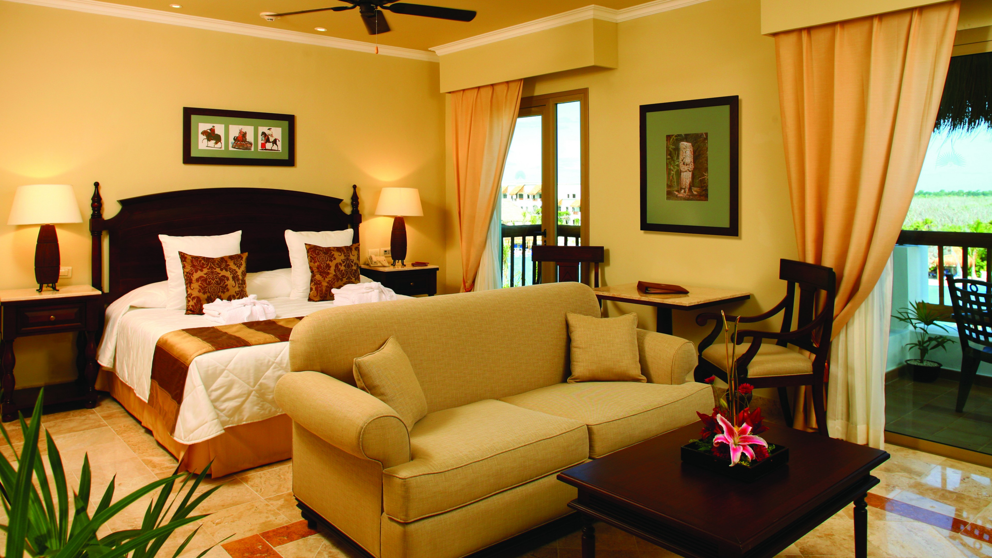 Valentin Imperial Maya, Best Hotels of 2015, tourism, travel, resort, vacation, yellow, bed, sofa, HD Wallpaper