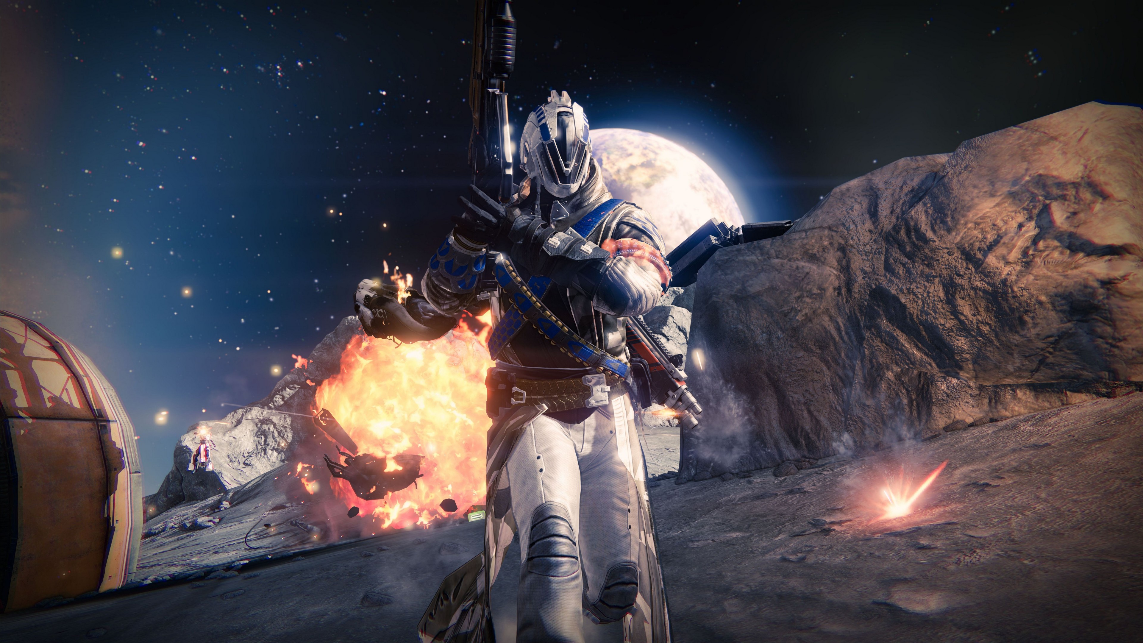 Destiny, game, MMOFPS, sci-fi, space, weapon, planet, gun, soldier, Exo, blue, screenshot, HD Wallpaper