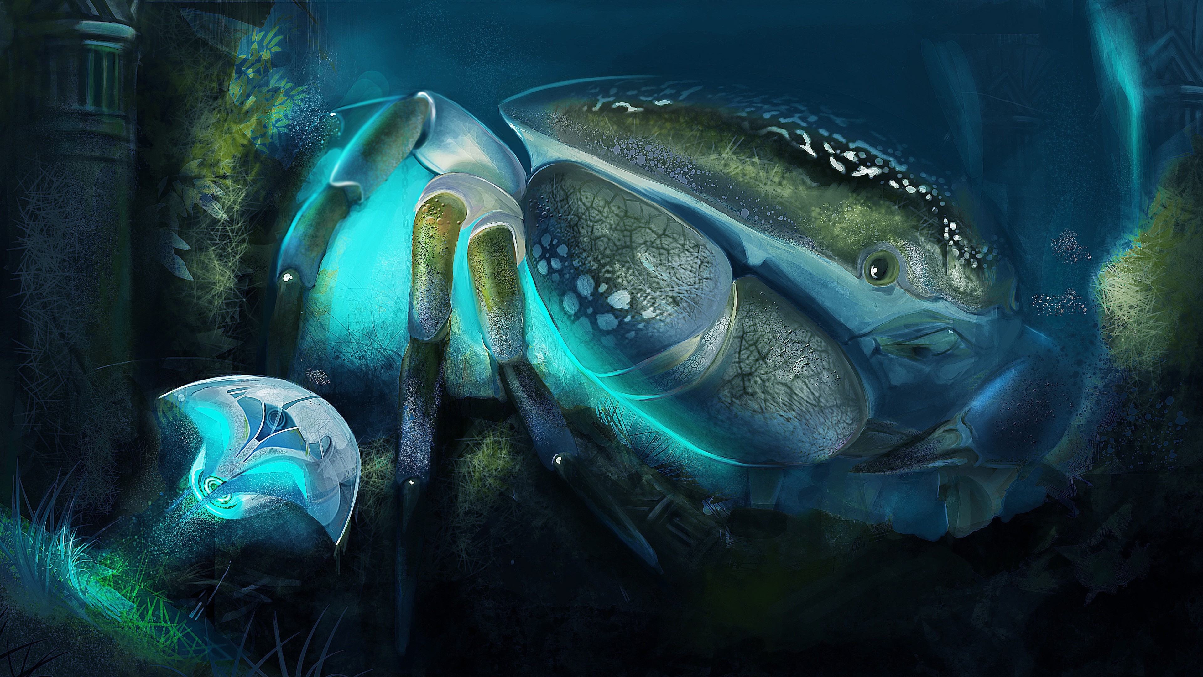 Сrab, cancer, Underwater World, ocean, sea, water, art, blue, HD Wallpaper