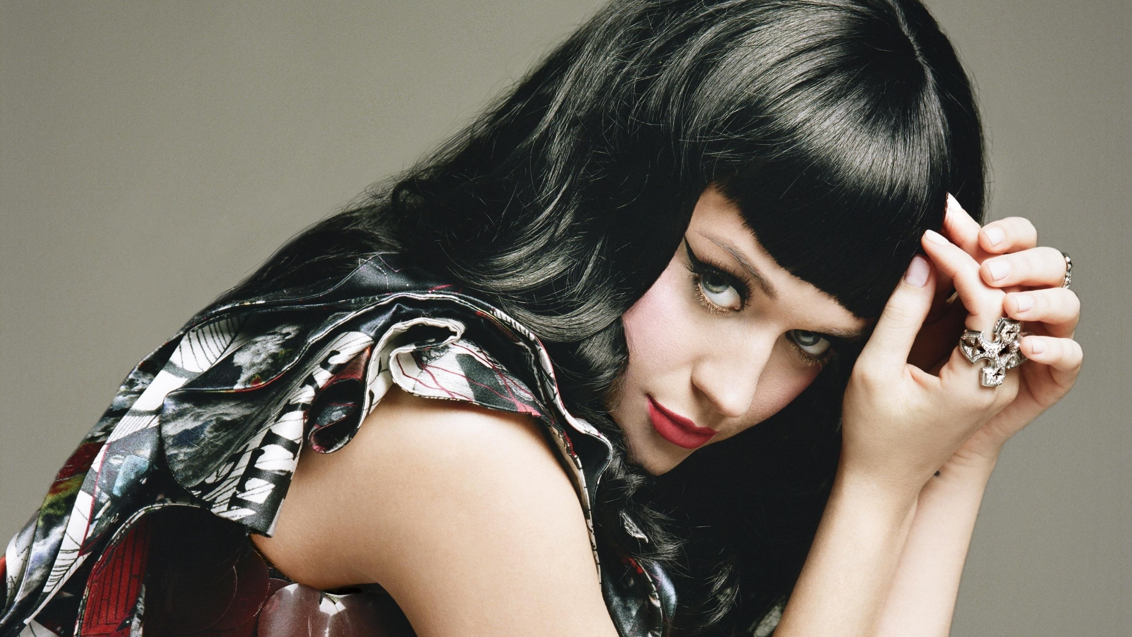 Katy Perry, artists, music, brunette, red lips, jewel, portrait, HD Wallpaper